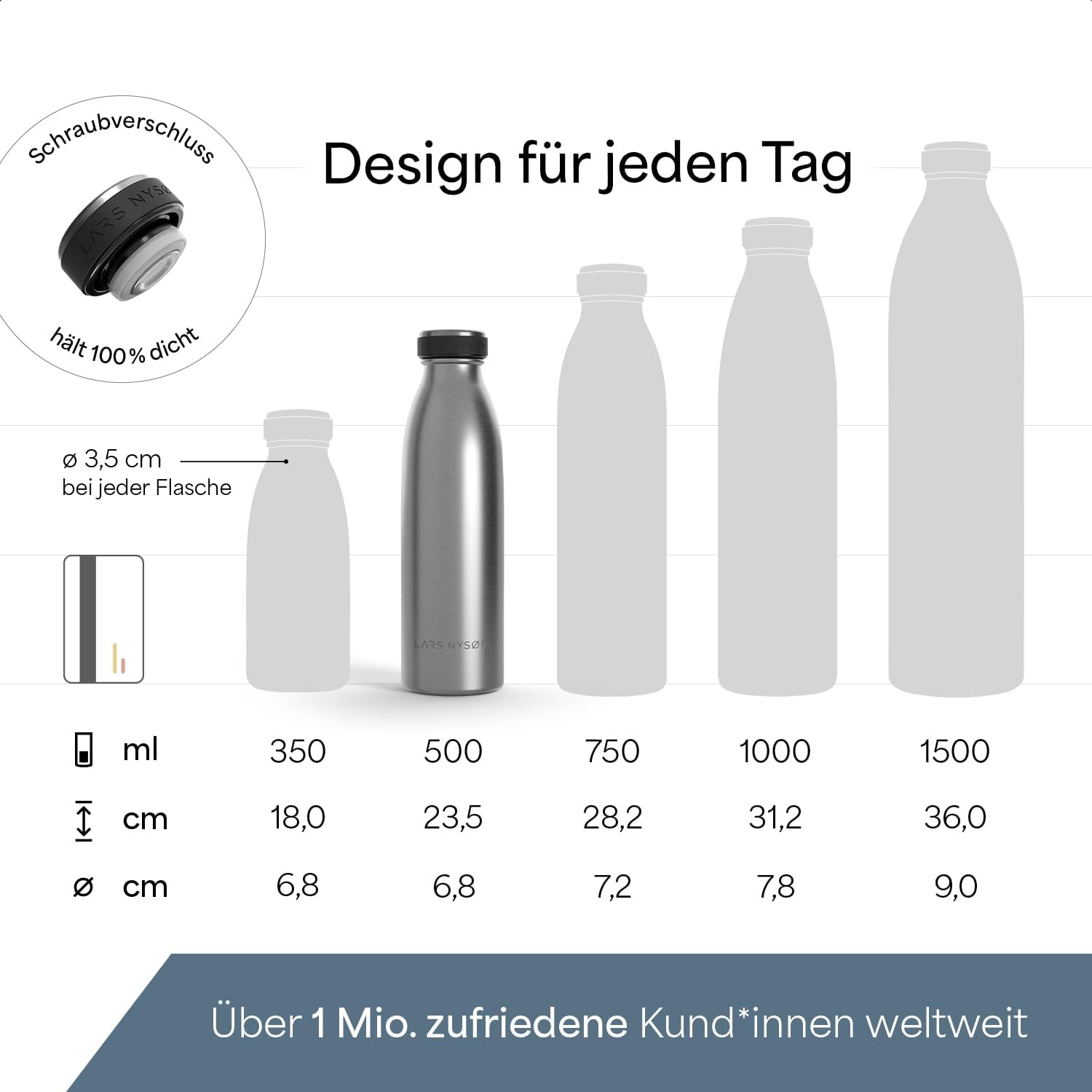 Thumbnail 3 de LARS NYSØM Edelstahl Trinkflasche 500 ml – auslaufsicher, doppelt isoliert