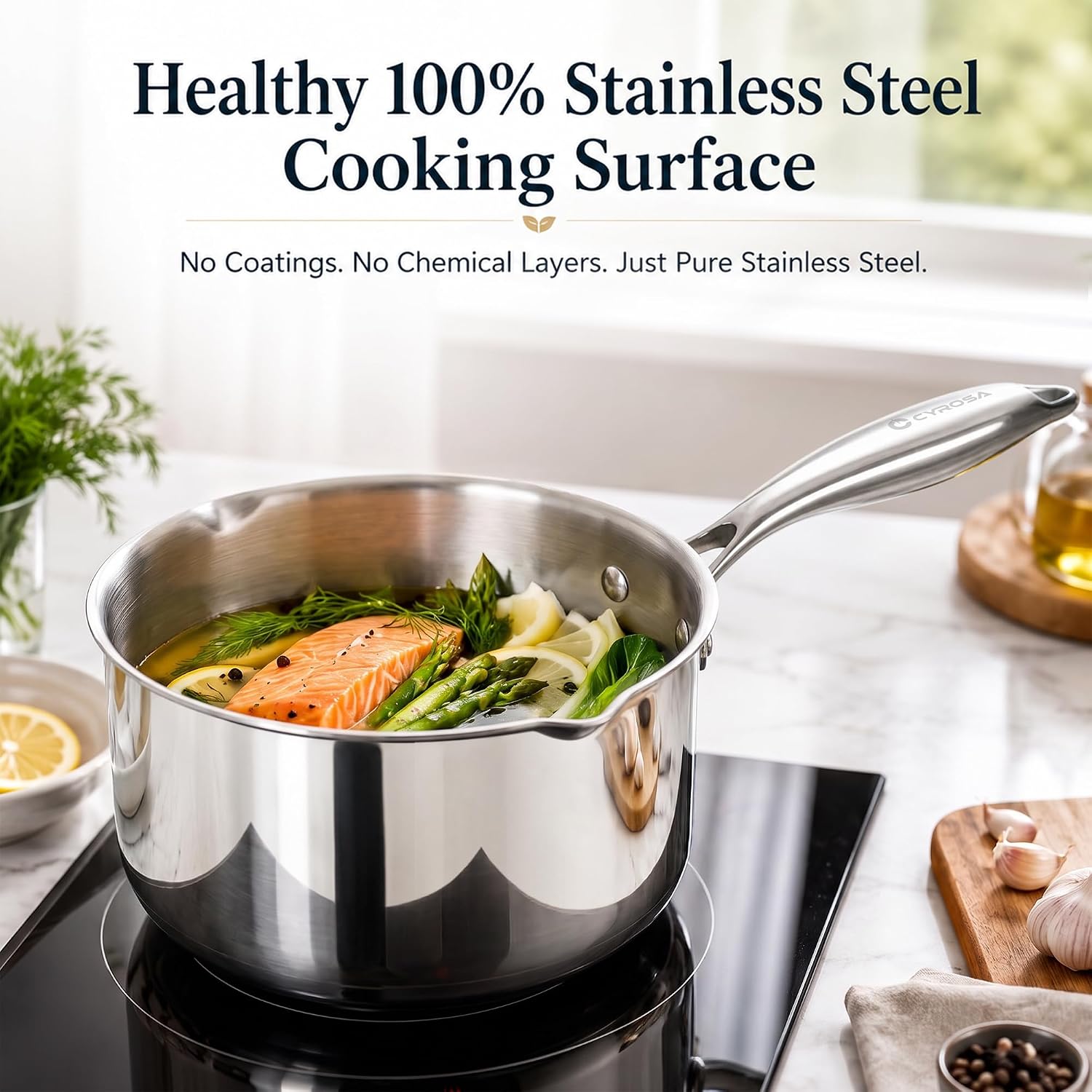 Detalle de Cyrosa Tri-Ply Stainless Steel Pot with Steamer, 2.5 QT, Glass Lid