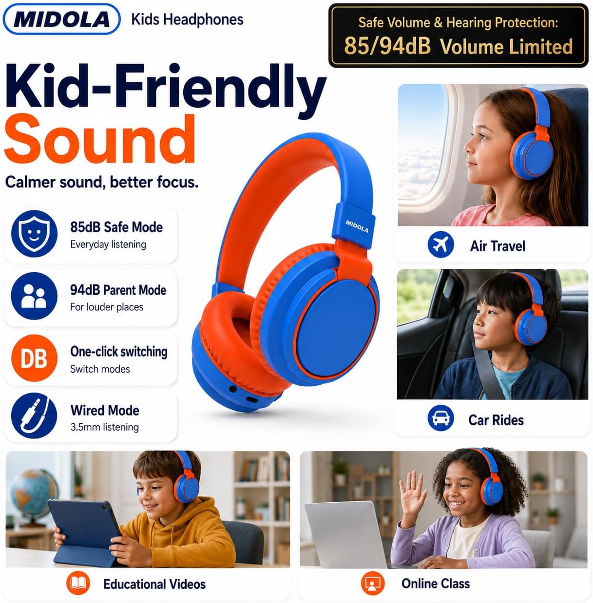 Detalle de MIDOLA Kids Wireless Bluetooth Headphones with Safe Volume, 68H Play Time, Over-Ear Foldable Design