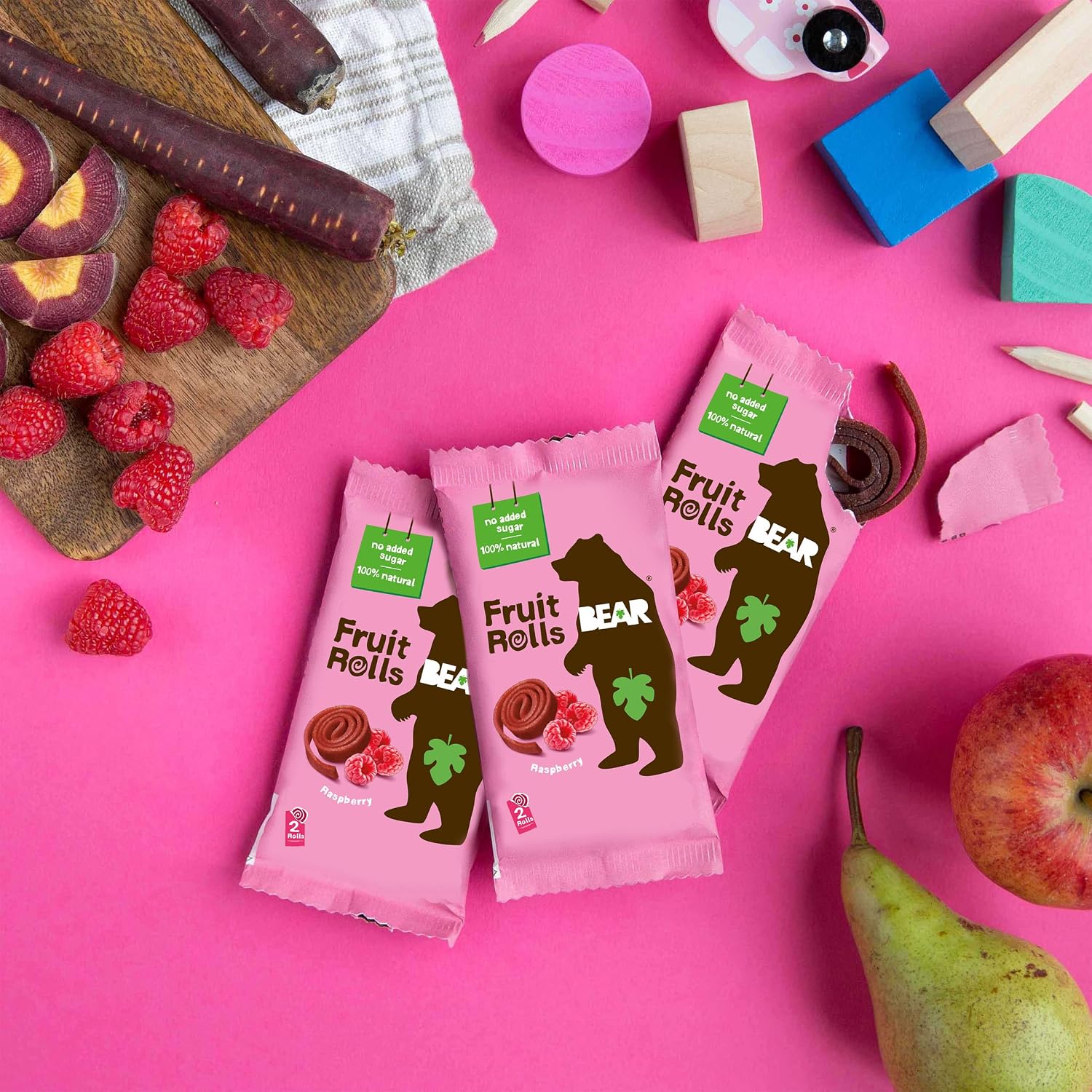 Detalle de BEAR Fruchtrollen Himbeere – 100% natürliche Fruchtsnacks, 18 Beutel, 360 g