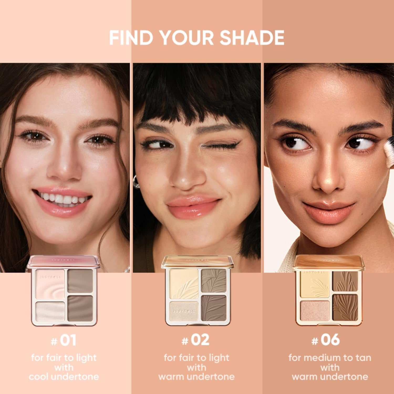 Detalle 2 de JUDYDOLL Highlight & Contour Palette (Warm Skin Tone) — 4-color matte compact for beginners, blendable face makeup