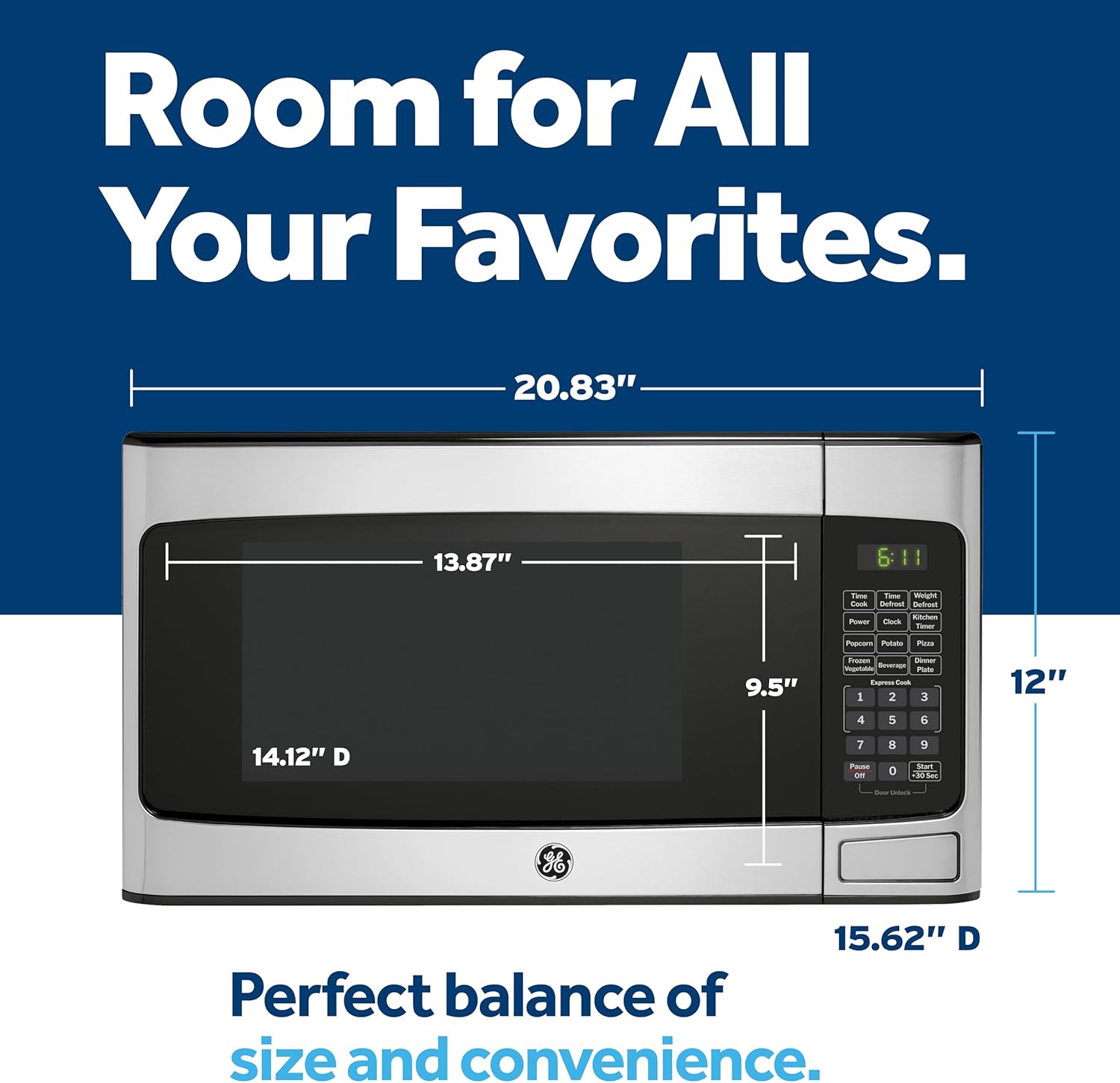 Thumbnail 3 de GE Compact Countertop Microwave Oven, 1.1 cu ft, 950W