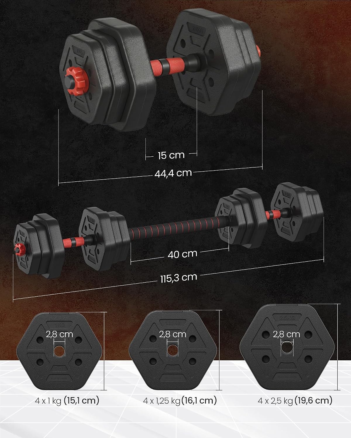 Detalle 2 de SONGMICS Juego de Mancuernas con Barra de Conexión SYL200B01 — 20 kg en Pack Hexagonal y Barra Corta