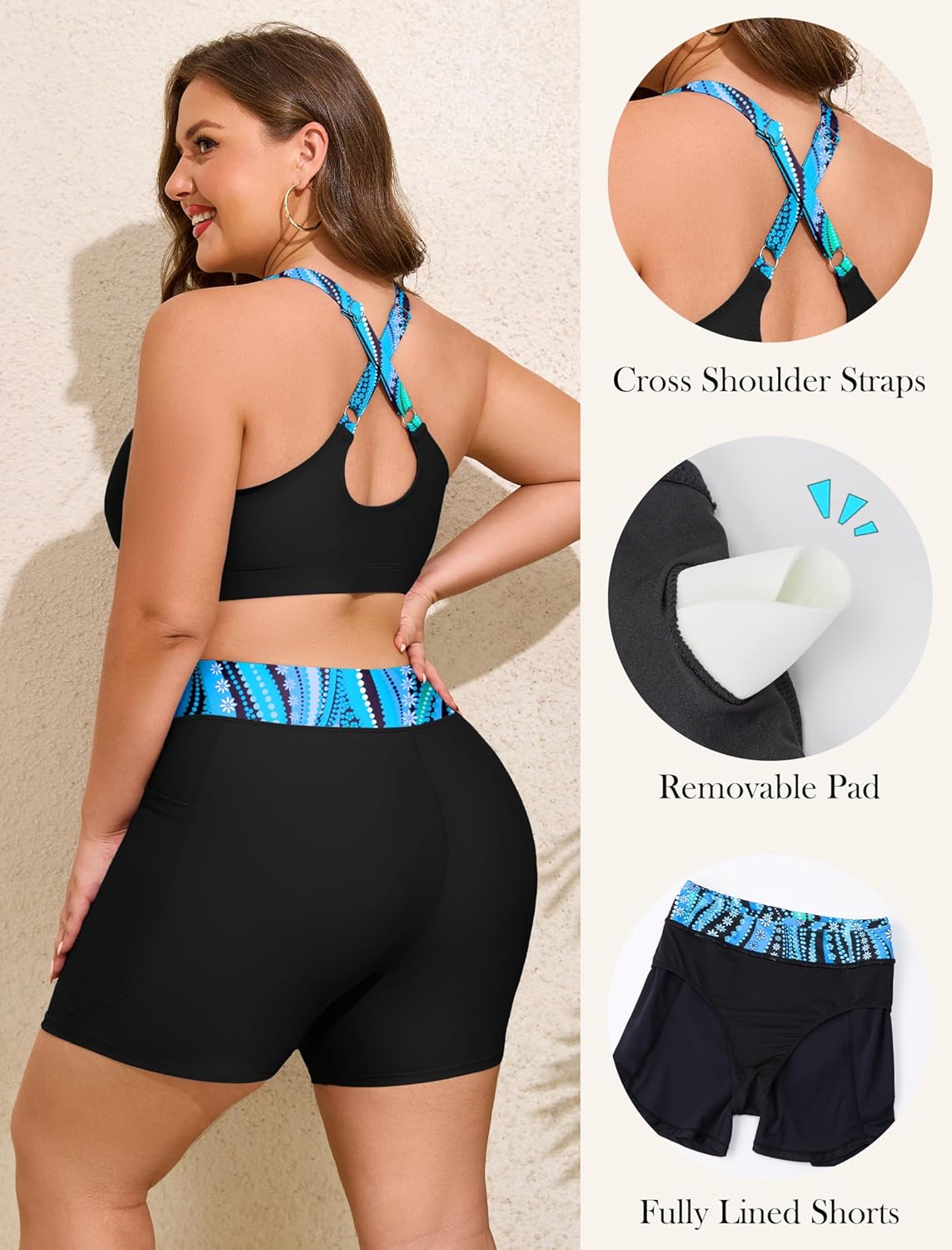 Detalle de HUSKARY 3 Piece Tankini Swimsuits for Women: Tankini Top, High-Waist Boyshorts with Pockets