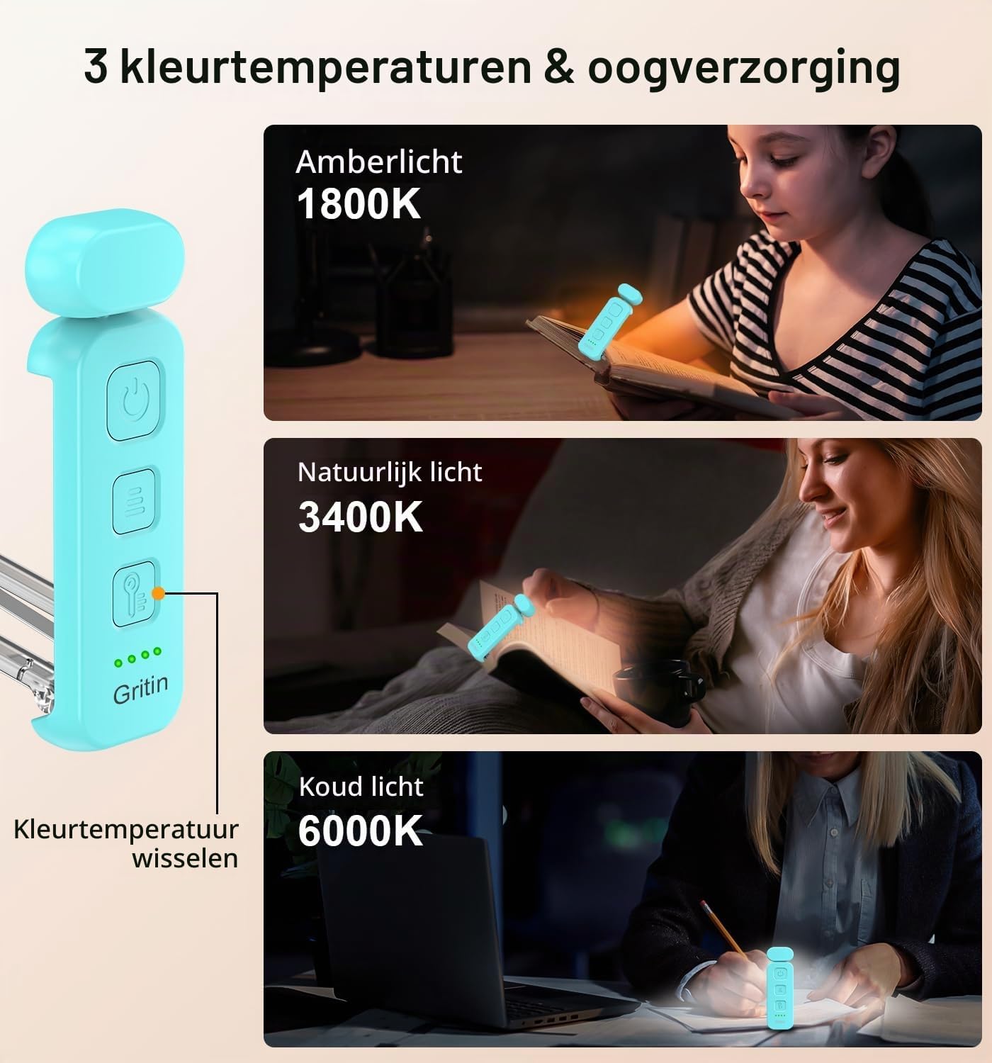 Detalle 2 de Gritin G1313 oplaadbare boeklamp met clip, 3 lichtkleuren en dimfunctie