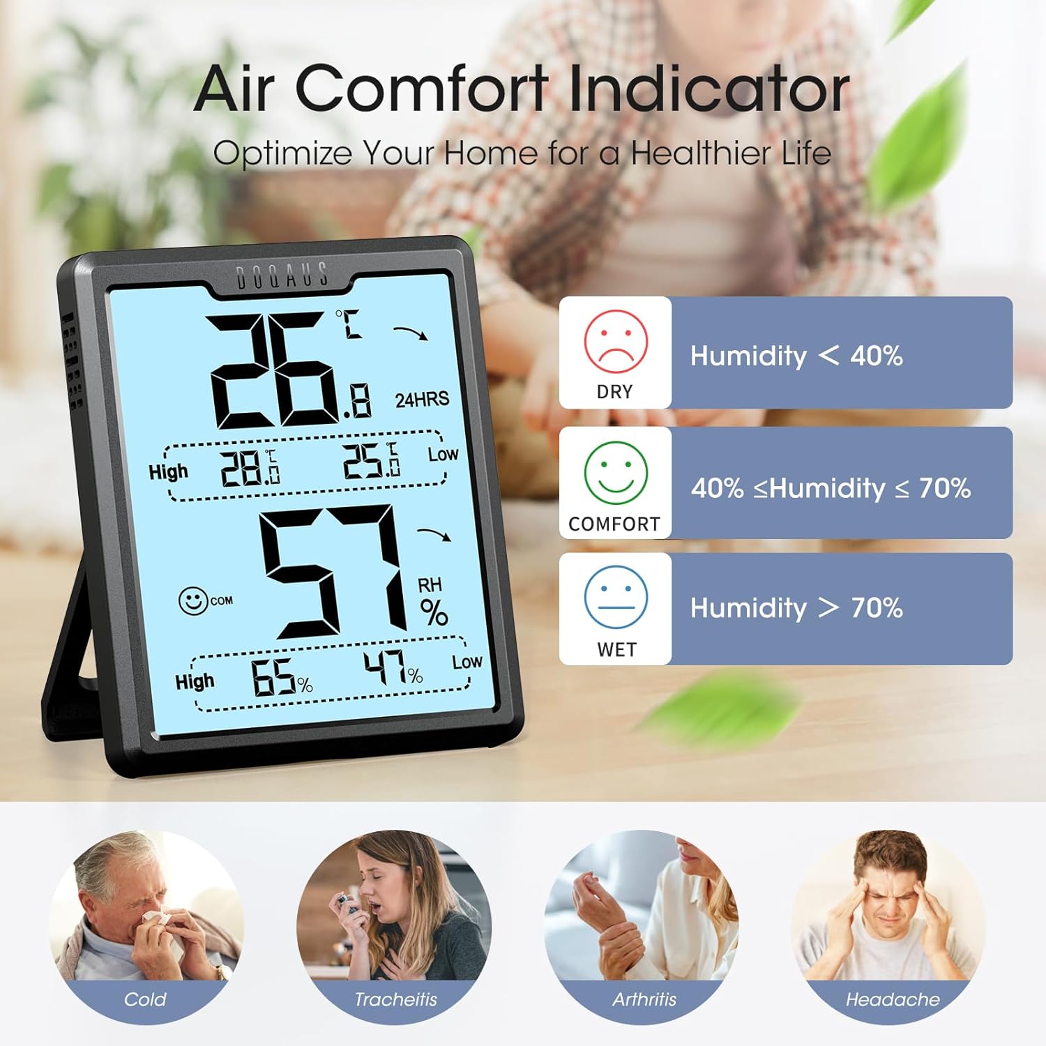 Thumbnail 2 de DOQAUS Room Thermometer & Thermo-Hygrometer (Digital, 3.4in LCD, High/Low History) for Nursery, Greenhouse & Basements