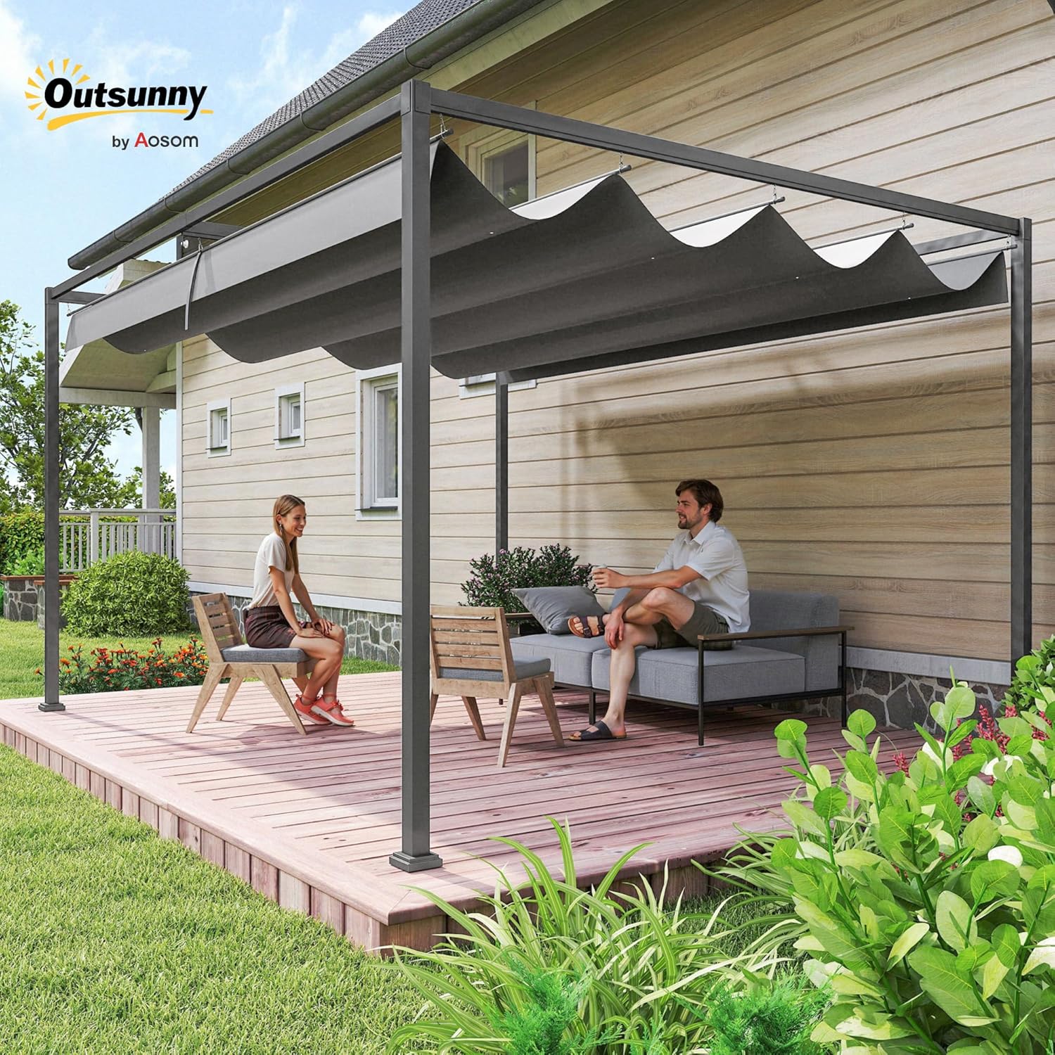 Thumbnail 1 de Pergola coulissante rétractable 4 x 3 m Outsunny, structure métal époxy anticorrosion et toile polyester 180 g/m²
