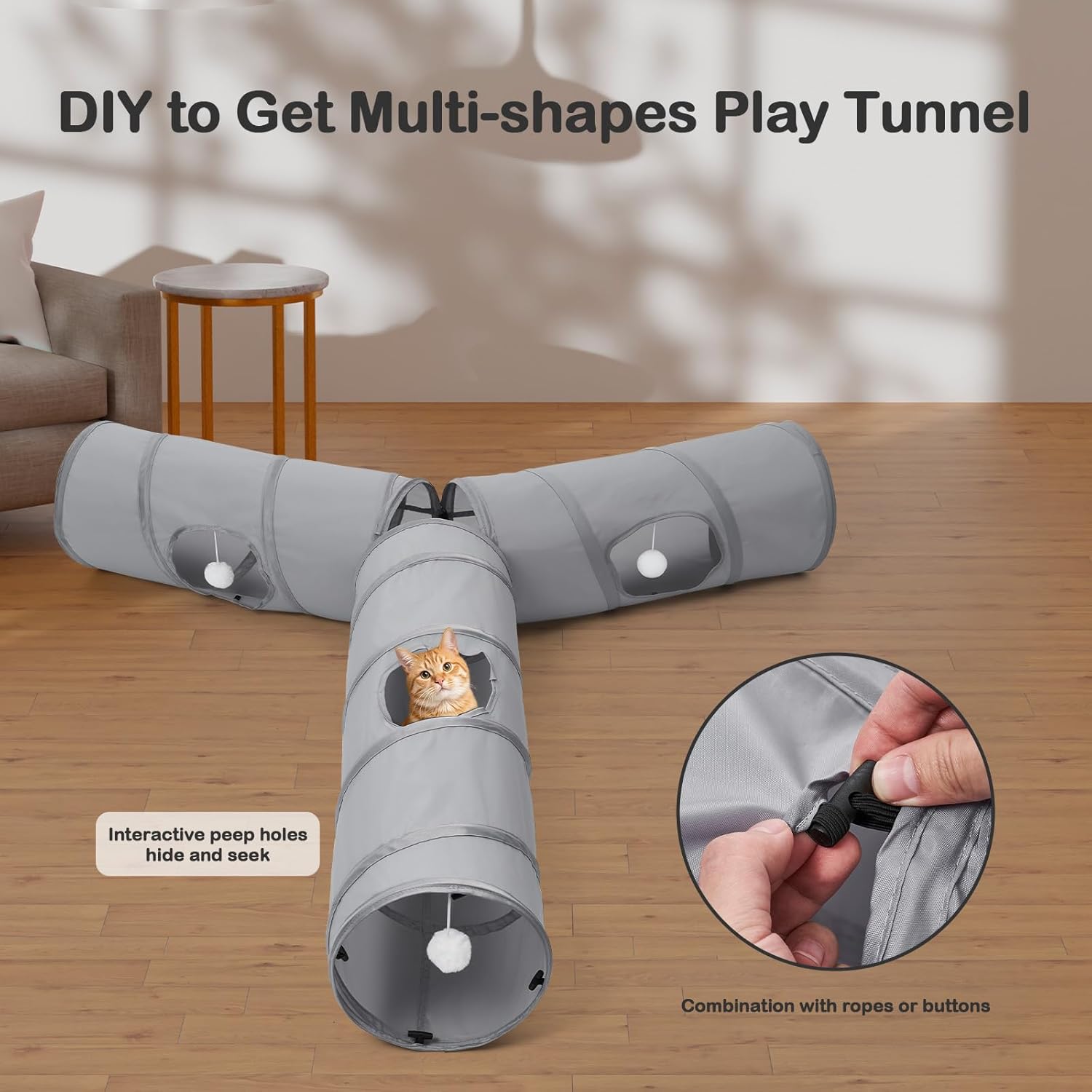 Thumbnail 1 de Odoland Large Cat Play Tunnels (3 Straight Tunnel DIY, Foldable, 90cm) – Grey