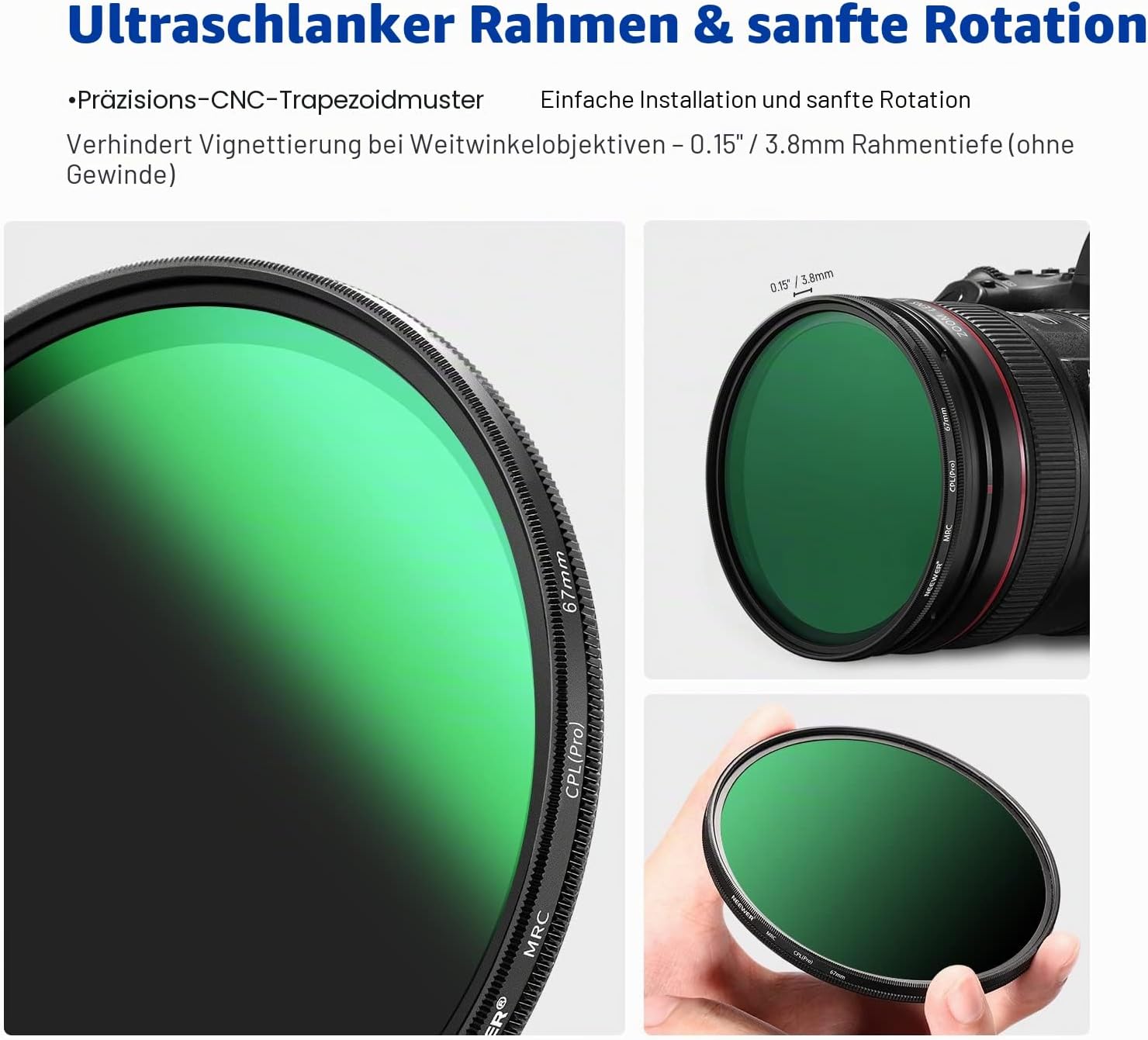 Detalle de NEEWER 67mm CPL-Polfilter mit 30-lagiger Polarisationsfolie – Ultra dünn, Reflexion reduziert, HD-Glas