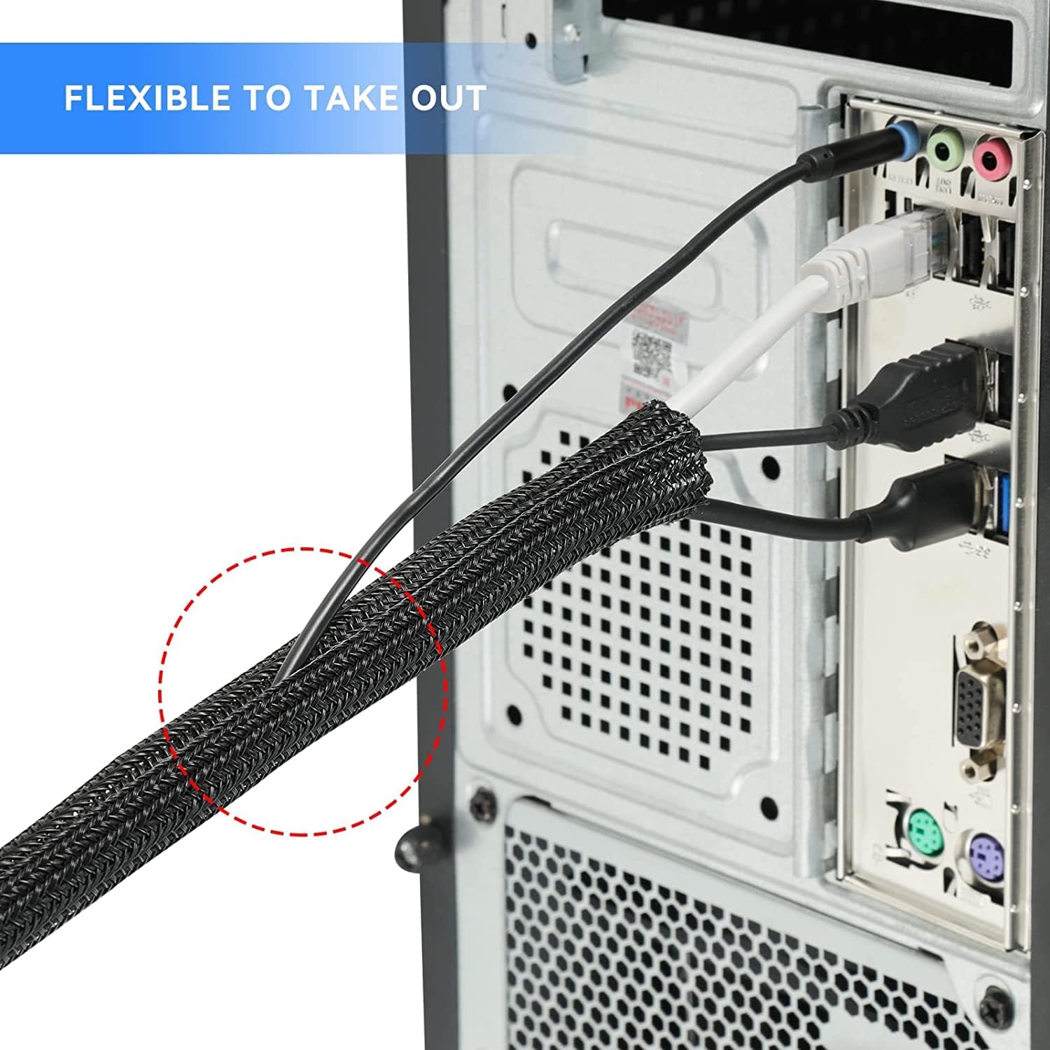 Detalle 1 de AGPTEK S02 kabelstrumpa, självstängande och flexibel, 3 m, 12–20 mm, svart