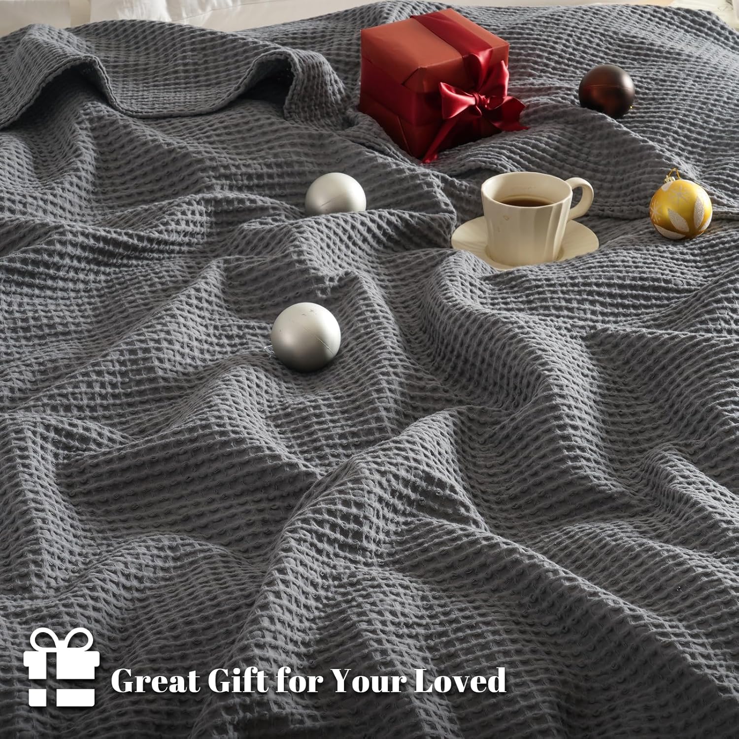 Thumbnail 5 de PHF 100% Cotton Waffle Weave Blanket King Size (220 x 240cm) in Charcoal Grey