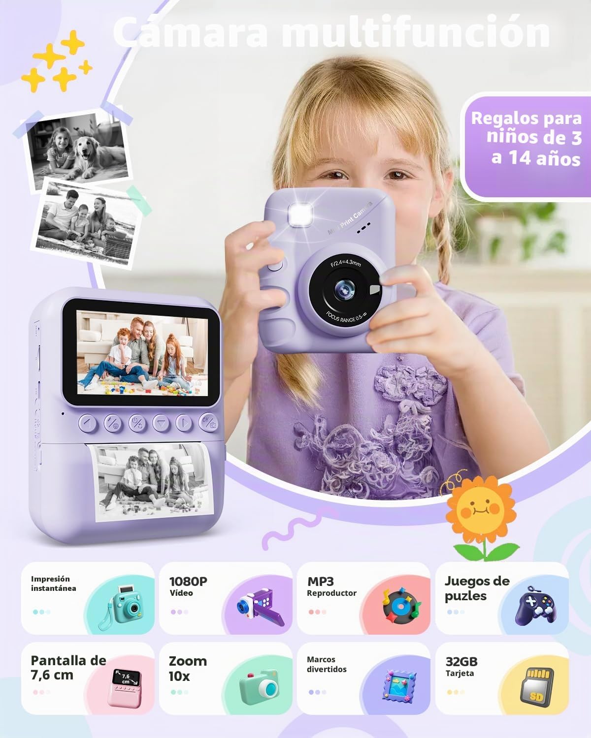 Thumbnail 5 de Cámara instantánea infantil TIATUA (3,0'' HD, 48 MP) con impresión sin tinta y tarjeta de 32 GB, morado