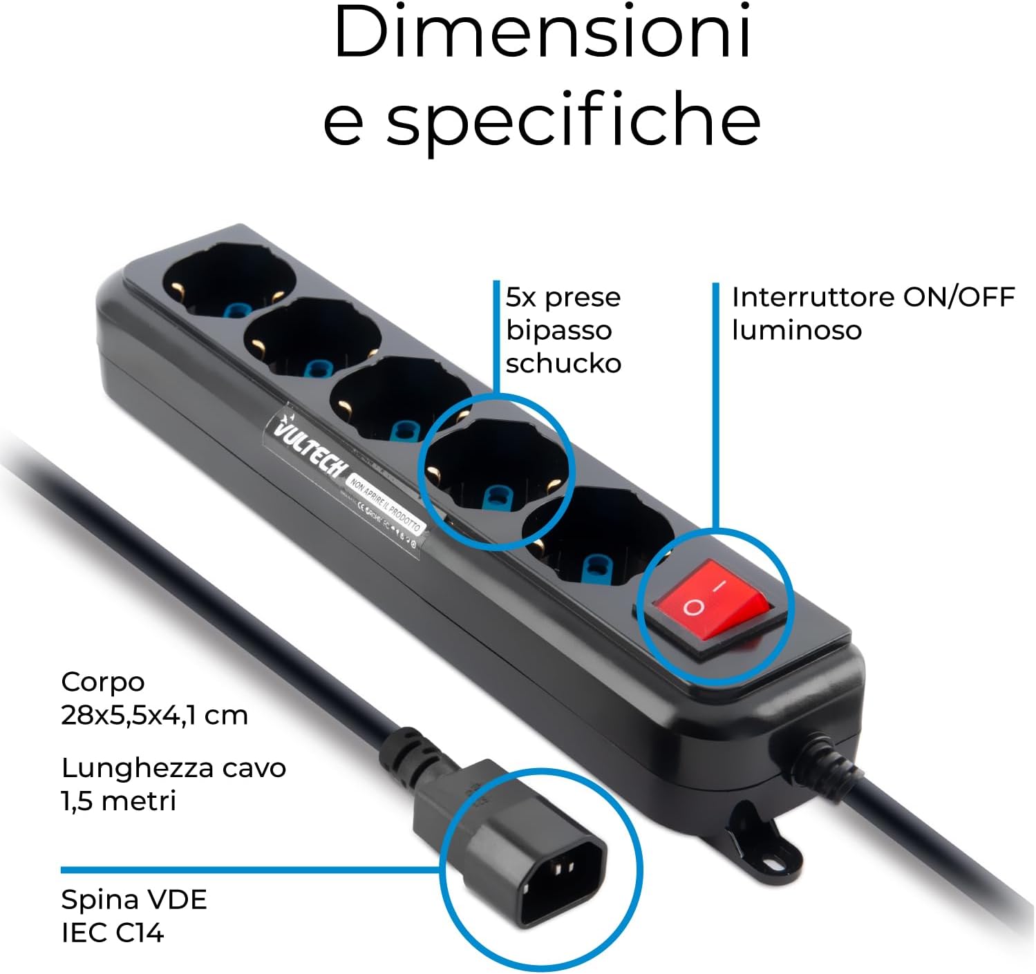 Thumbnail 4 de Vultech MU-UPS01 Multiprise avec 5 prises et interrupteur on/off, connecteur IEC14