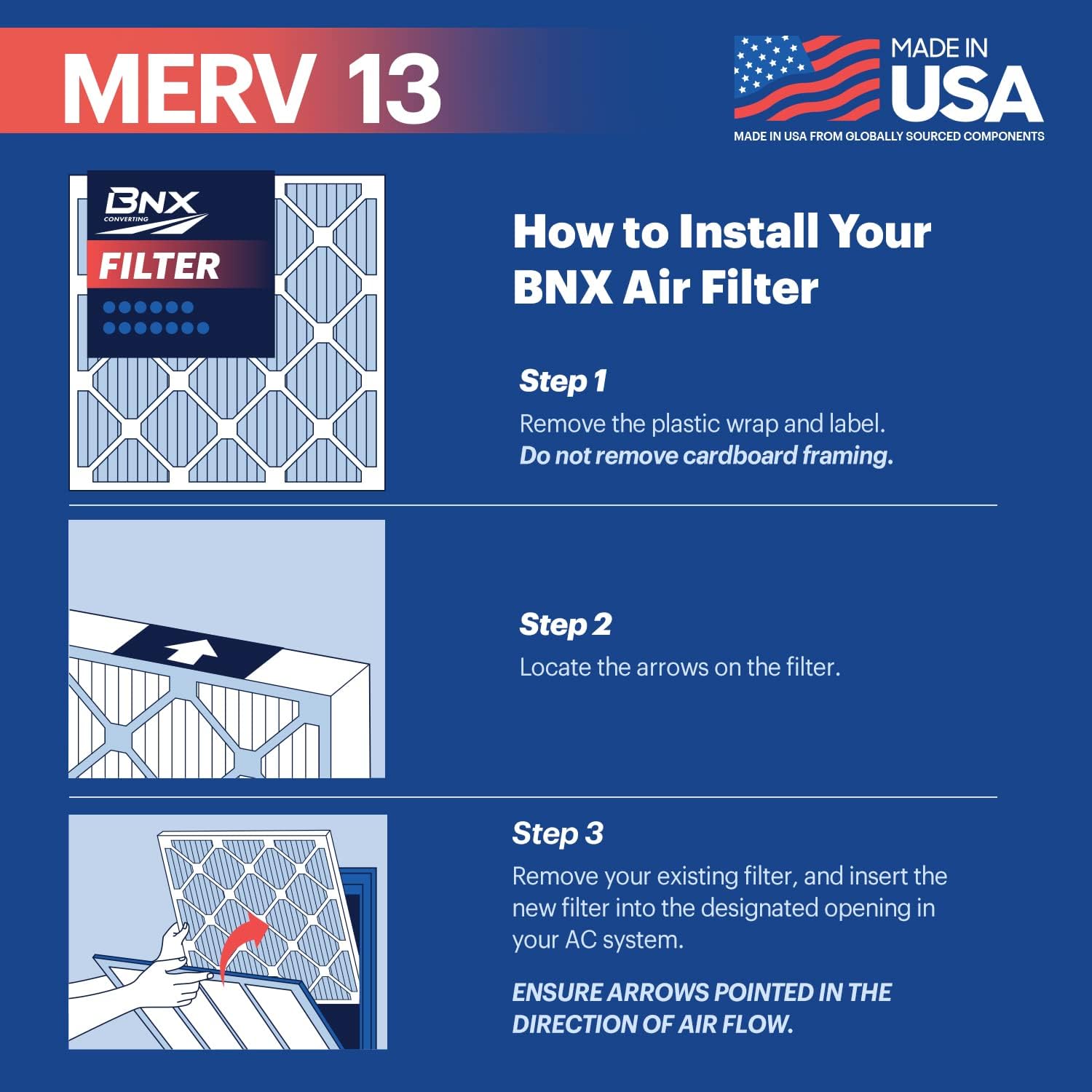 Detalle de BNX TruFilter 16x20x1 MERV 13 (6-Pack) — Made in USA, Electrostatic Pleated Air Filter for Allergies