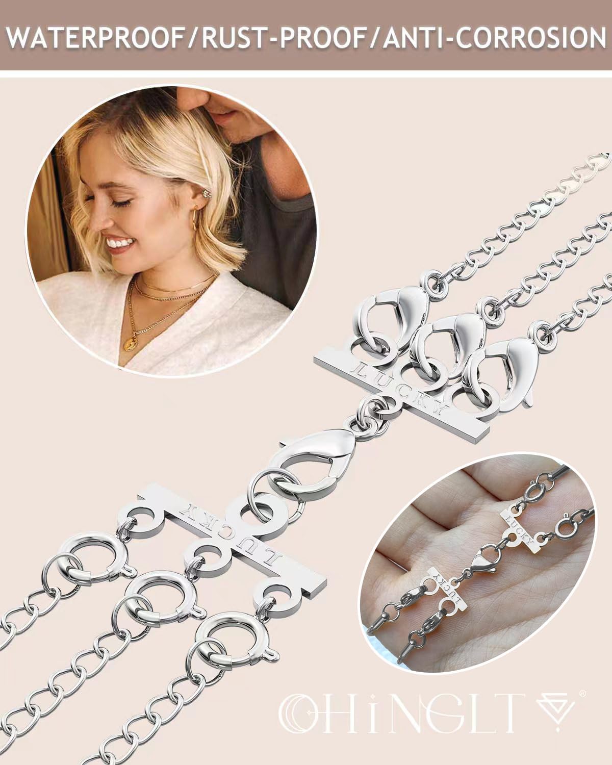 Detalle 2 de OHINGLT 01 Necklace Layering Clasp, Triple Silver Stainless Steel