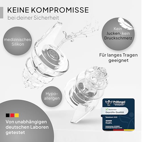 Detalle de Senner PartyPro Gehörschutz – transparente Ohrstöpsel mit 18 dB Reduktion, für Festivals, Konzerte und Partys