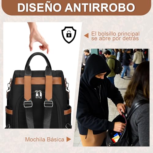 Detalle de Eshow Mochila antirrobo 3 en 1 para mujer, negra, de nailon 290D