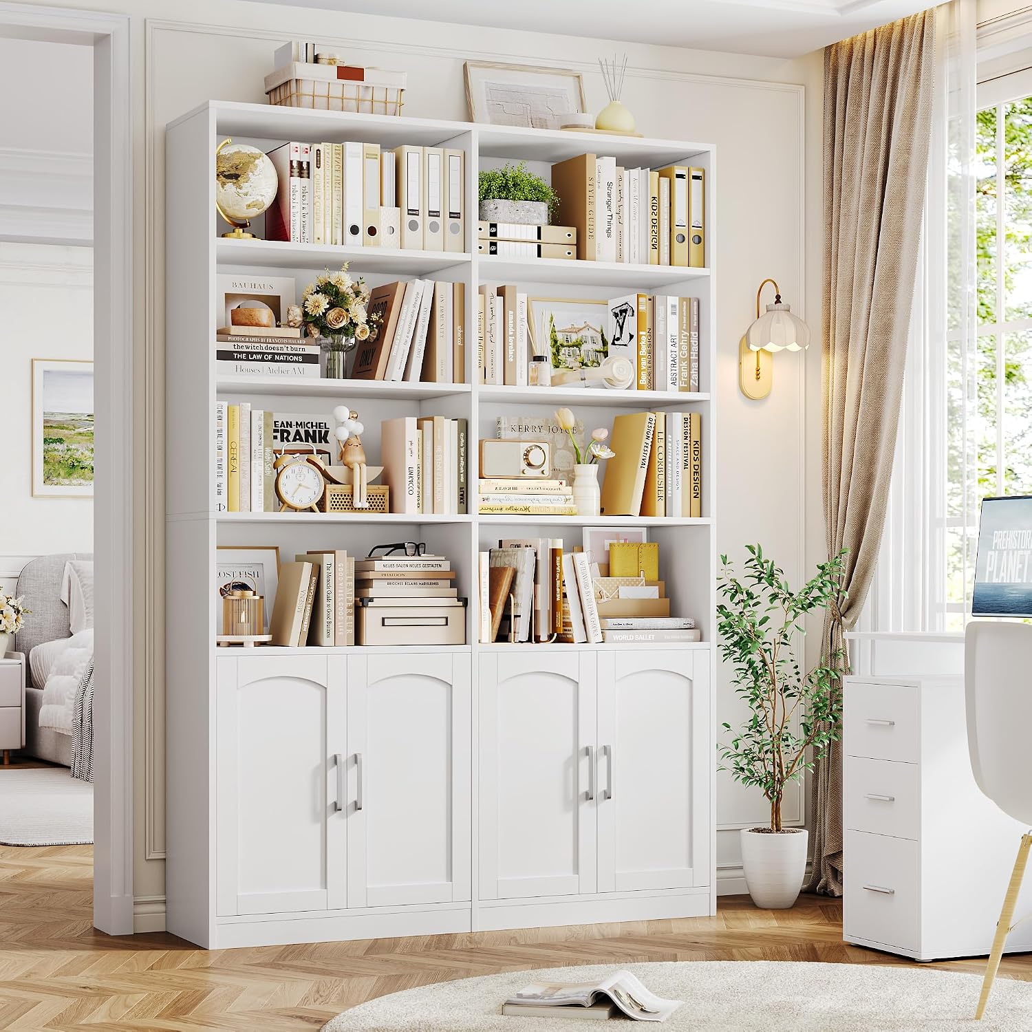 Detalle 2 de FirFurd P364 bookcase, 12 compartments, 4 doors, white, 115 x 27 x 185.5 cm
