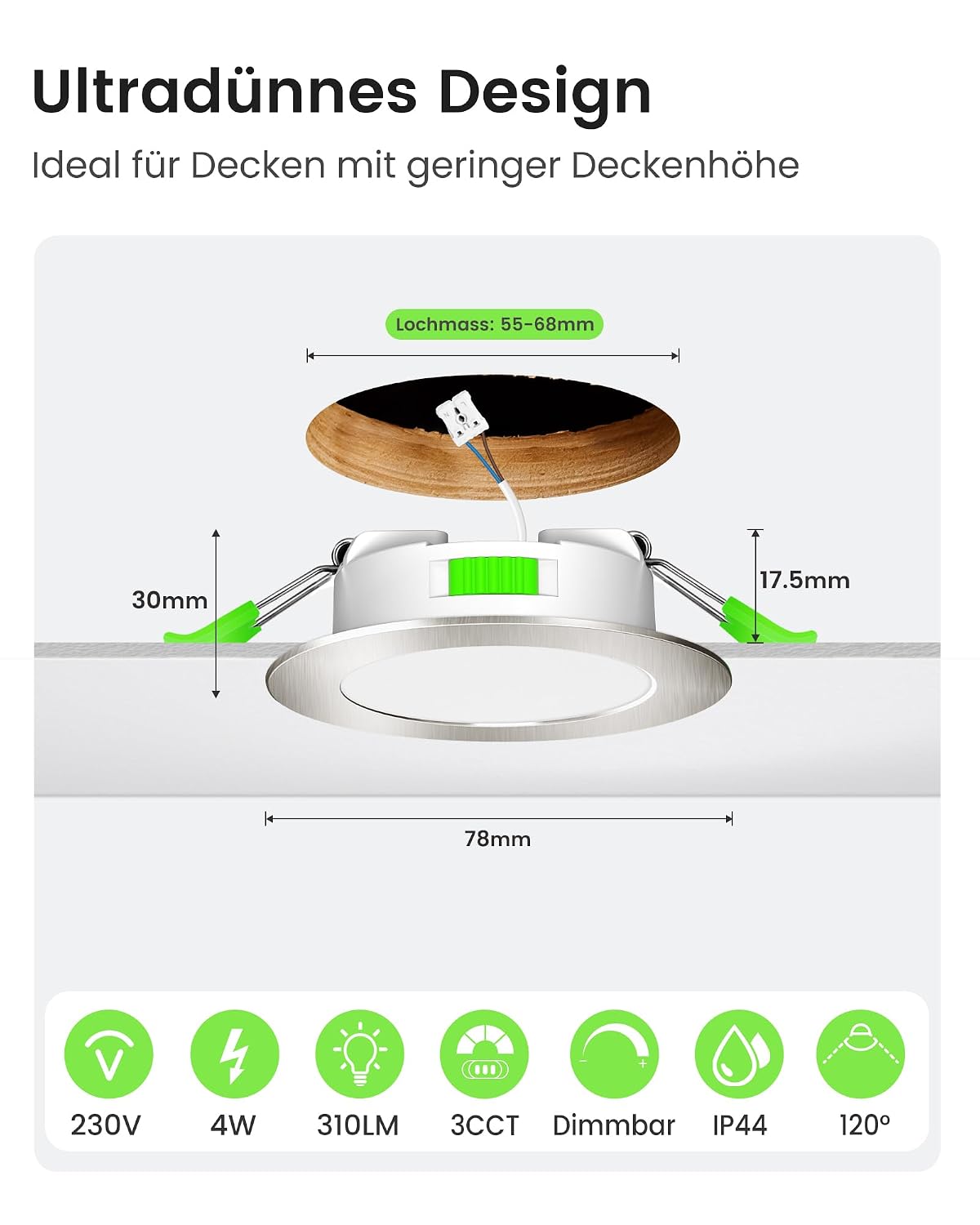 Detalle de ALUSSO LED Einbaustrahler 230V IP44, 4 W dimmbar – 6er Set (Lochmaß 55–68 mm), 3 Farbtemperaturen
