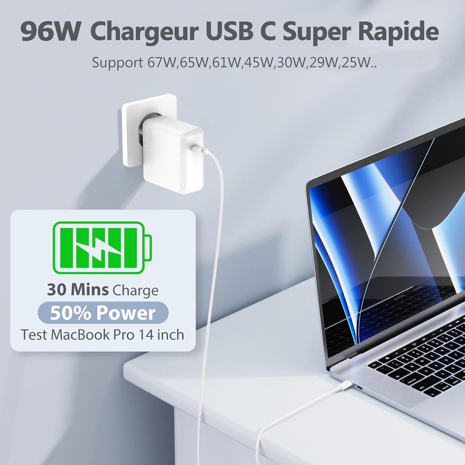 Detalle de 96W USB-C Ladegerät für MacBook – Schnellladen mit 2m USB-C Ladekabel, kompatibel für MacBook Pro/Air, iPad & USB-C Geräte