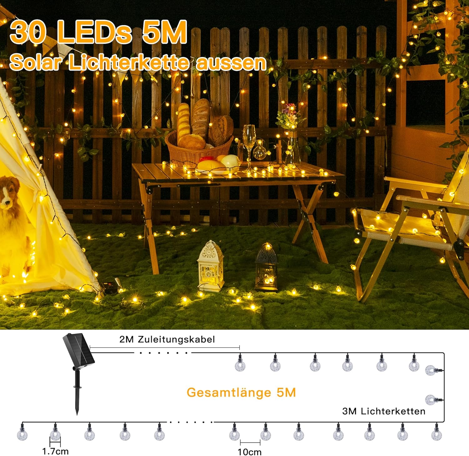 Thumbnail 1 de Ollny Solar Lichterkette Außen 5 m mit 30 warmweißen LED, IP65, 8 Modi (Solar, wetterfest)