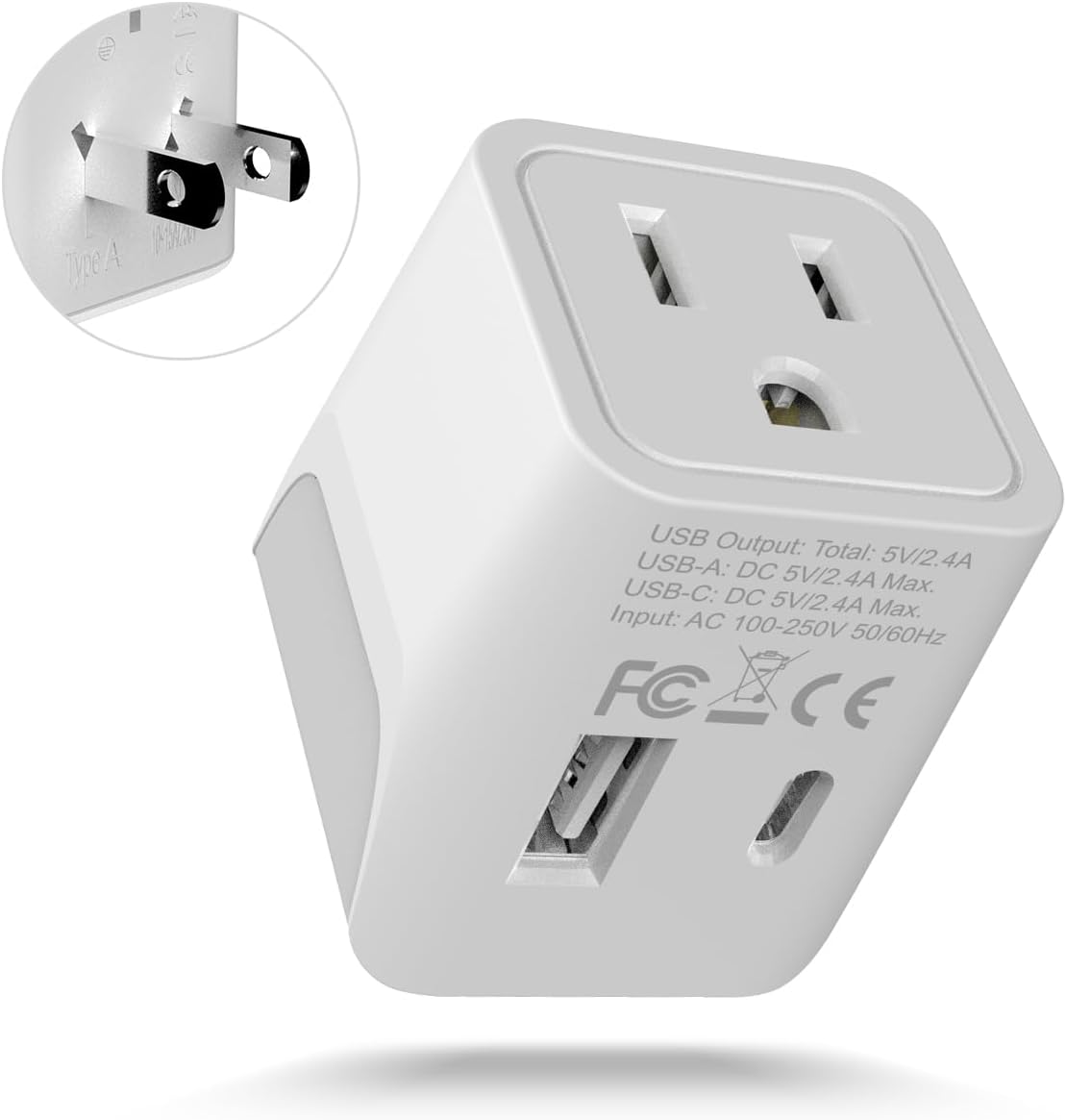 Detalle de Ceptics CTU-6: Japan/Philippines Travel Adapter with USB-A + USB-C (Ultra Compact)
