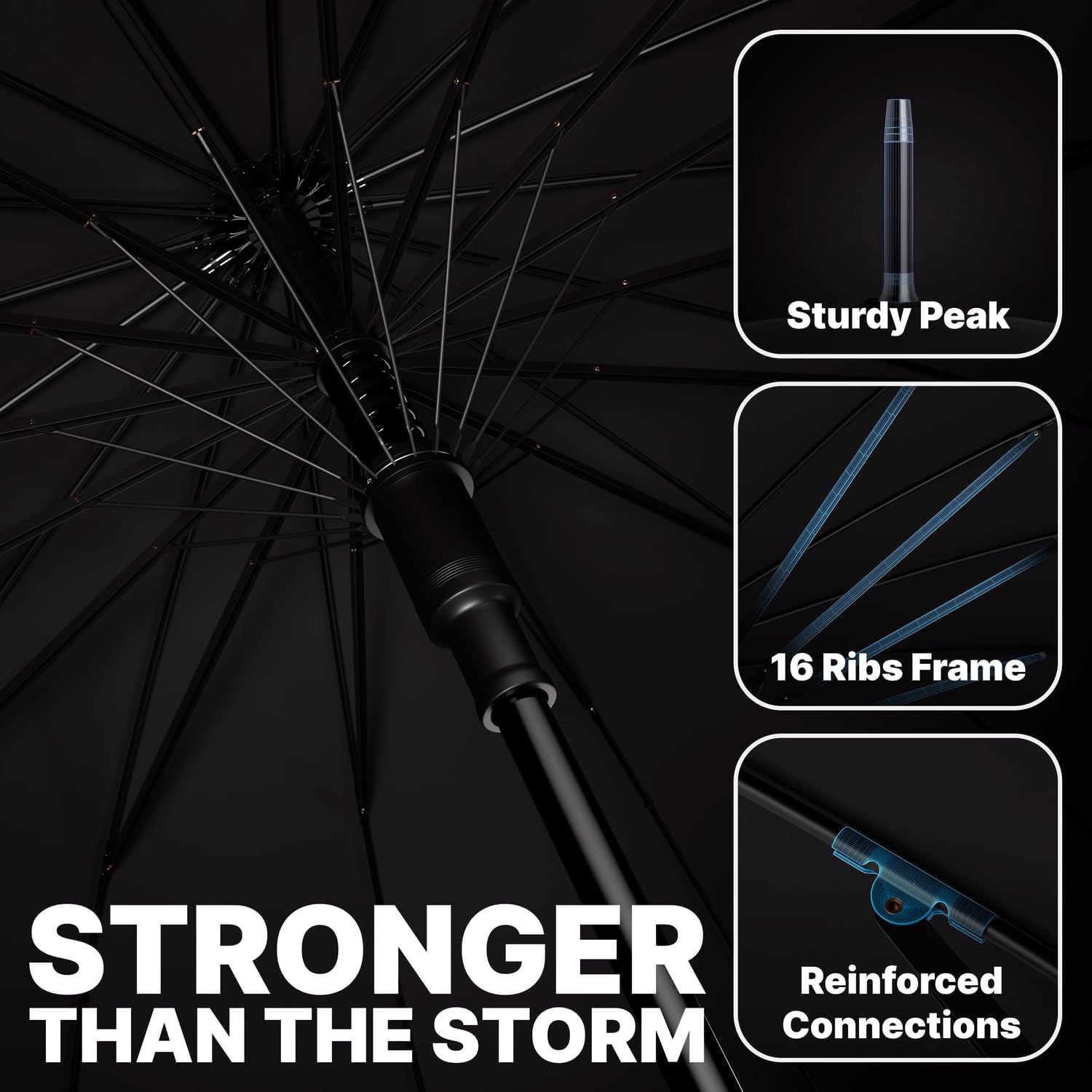 Thumbnail 3 de Royal Walk Windproof Umbrella Black Large 54 Inch Automatic Open (for 2) with Wooden Handle