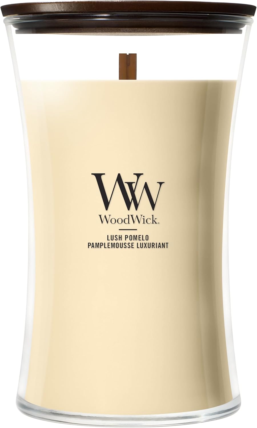 Detalle de WoodWick Grande Bougie Lush Pomelo – Une ambiance lumineuse et果ambiance parfumée, idéale comme cadeau
