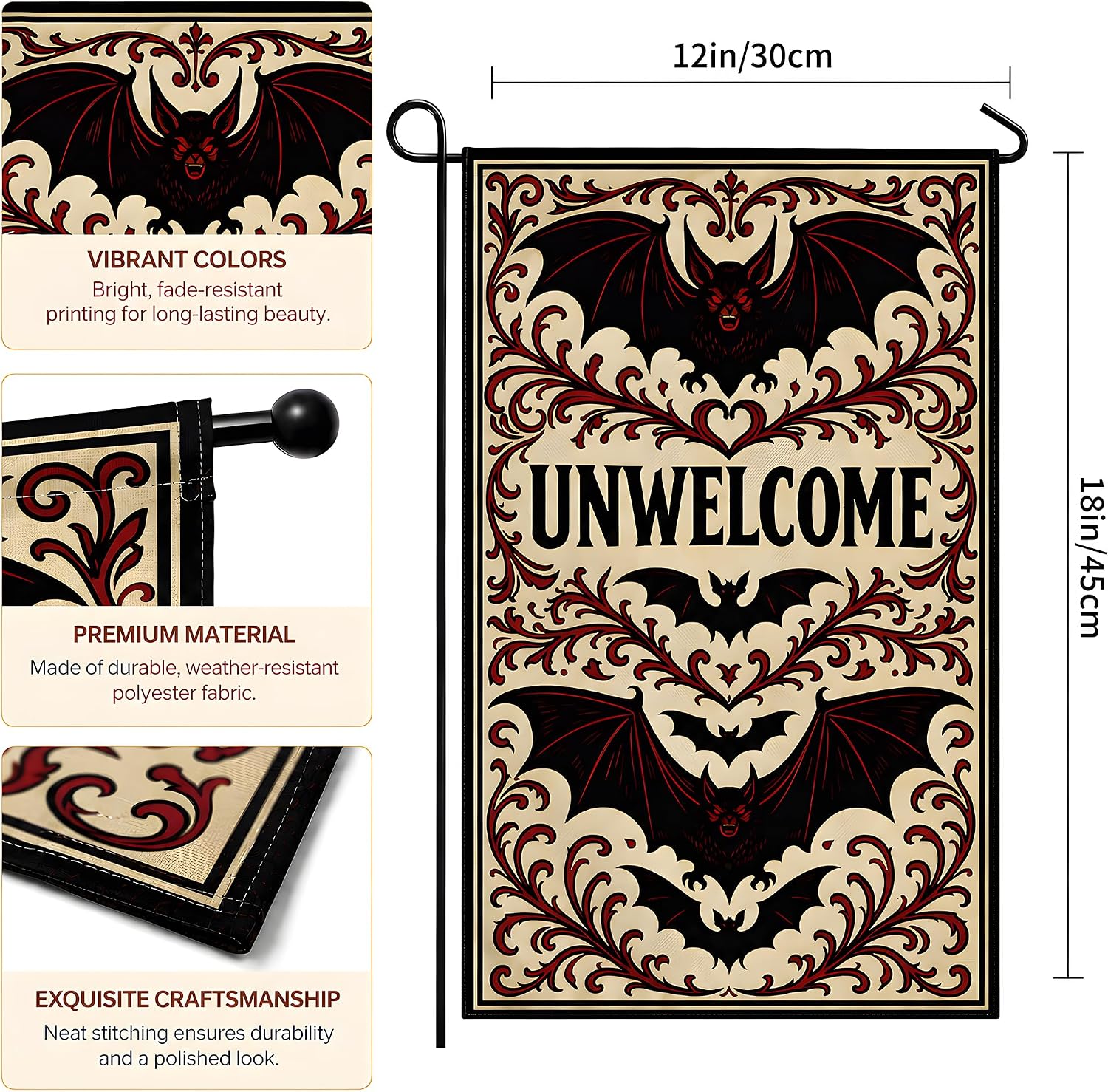 Detalle de MDDRUIQI Unwelcome Gothic Bat Halloween Garden Flag, Double-Sided Polyester