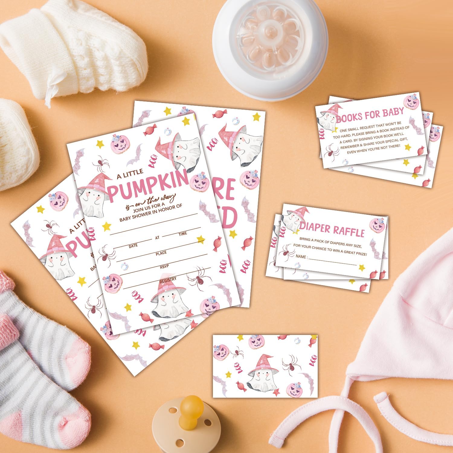 Detalle 1 de HQLOW Pink A Little Pumkin Halloween Boo! Baby Shower Invitation Set
