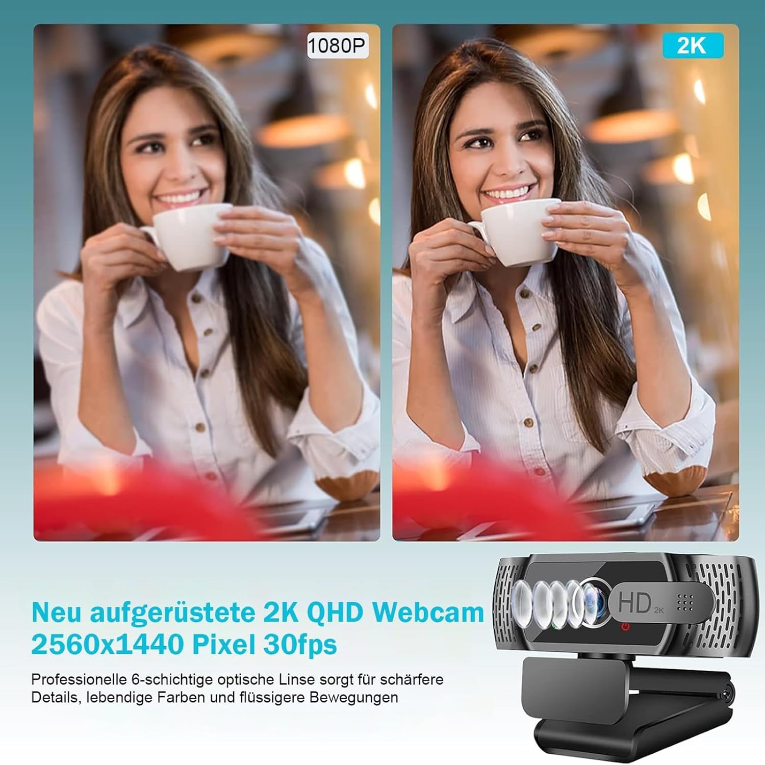 Thumbnail 1 de neefeaer 2K Full HD Webcam mit Mikrofon, Stativ & automatischer Lichtkorrektur