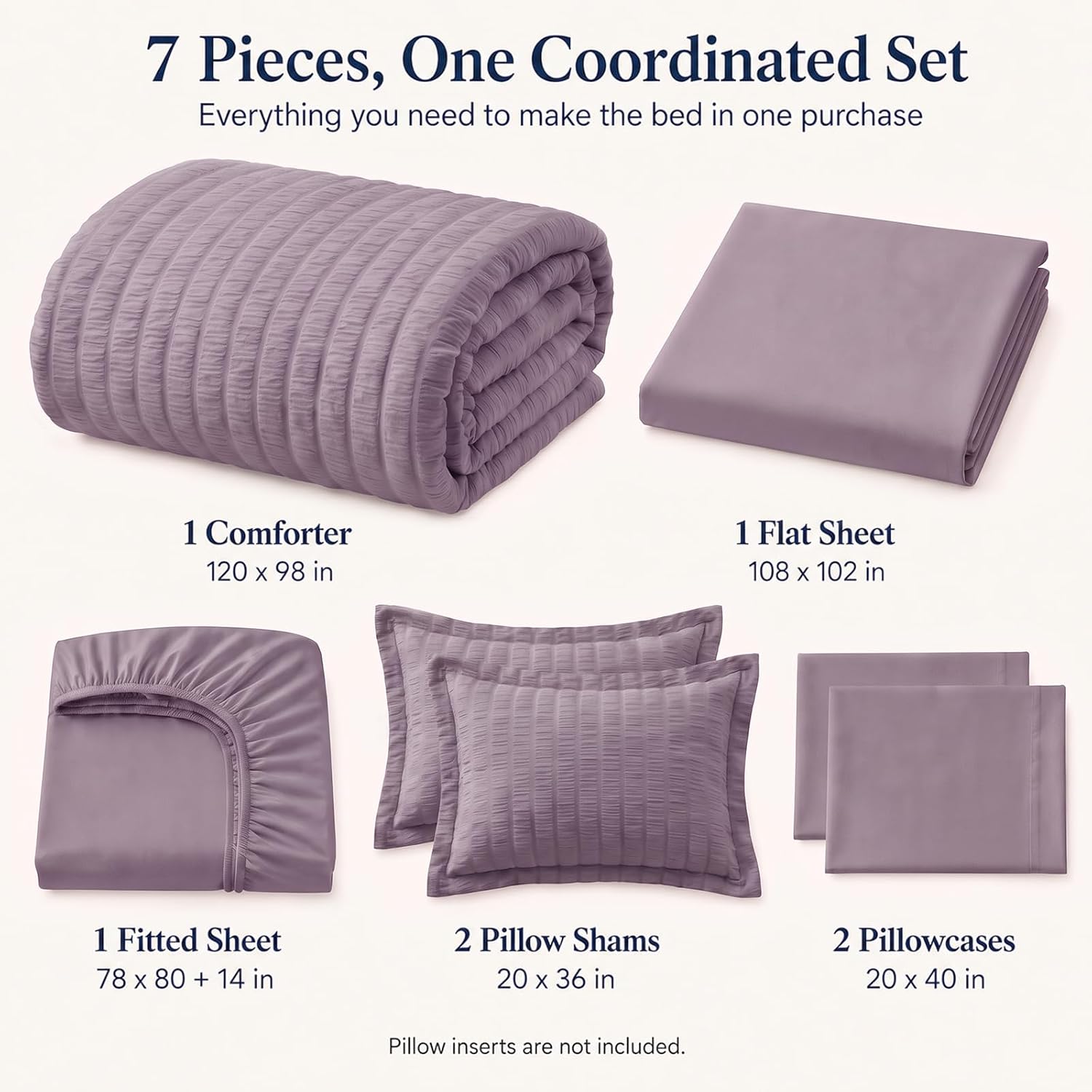Detalle 2 de CozyLux Oversized King Comforter Set in Dusty Purple Seersucker (7-Piece Bed-in-a-Bag)