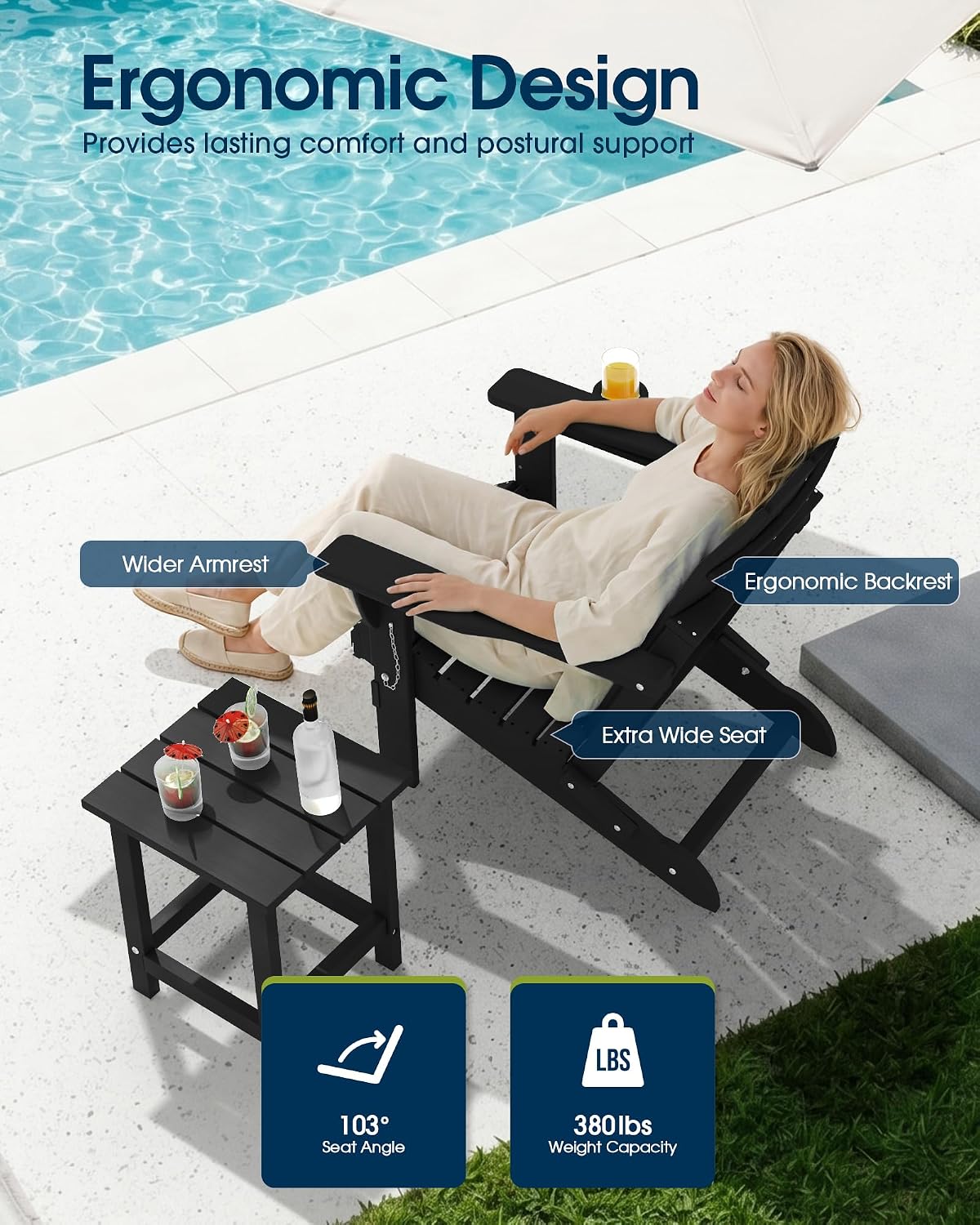 Thumbnail 3 de MUCHENGHY Folding Adirondack Chairs (Black) — Weather-Resistant Outdoor Patio Adirondack
