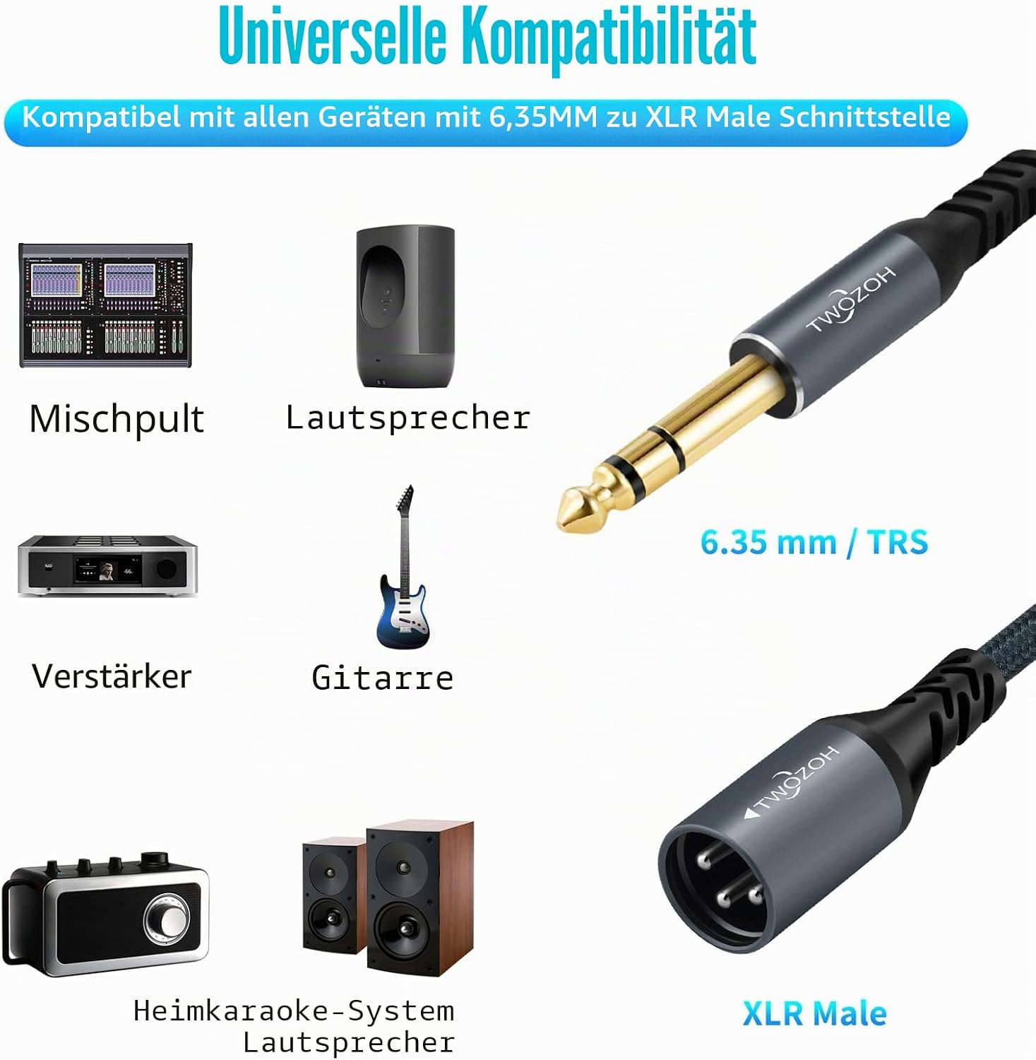 Detalle de Twozoh Klinke 6,35 mm auf XLR Stecker 3-poliges Audiokabel, 1 m – Geflochtenes XLR auf 1/4" TRS Symphony Line