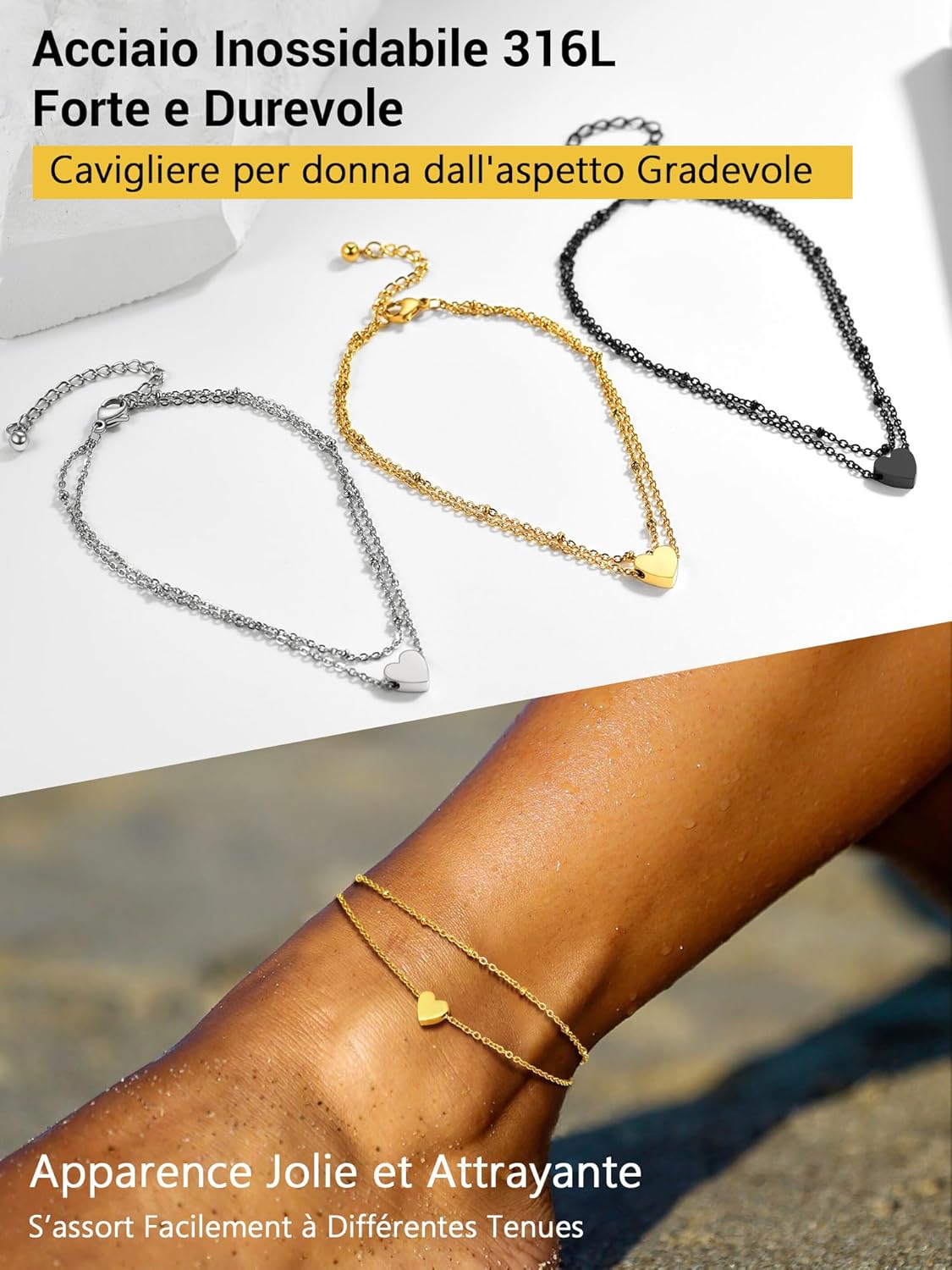 Thumbnail 5 de PROSTEEL Cavigliera con catena regolabile e cuore, set impilabile in acciaio antiallergico, stile tricolore