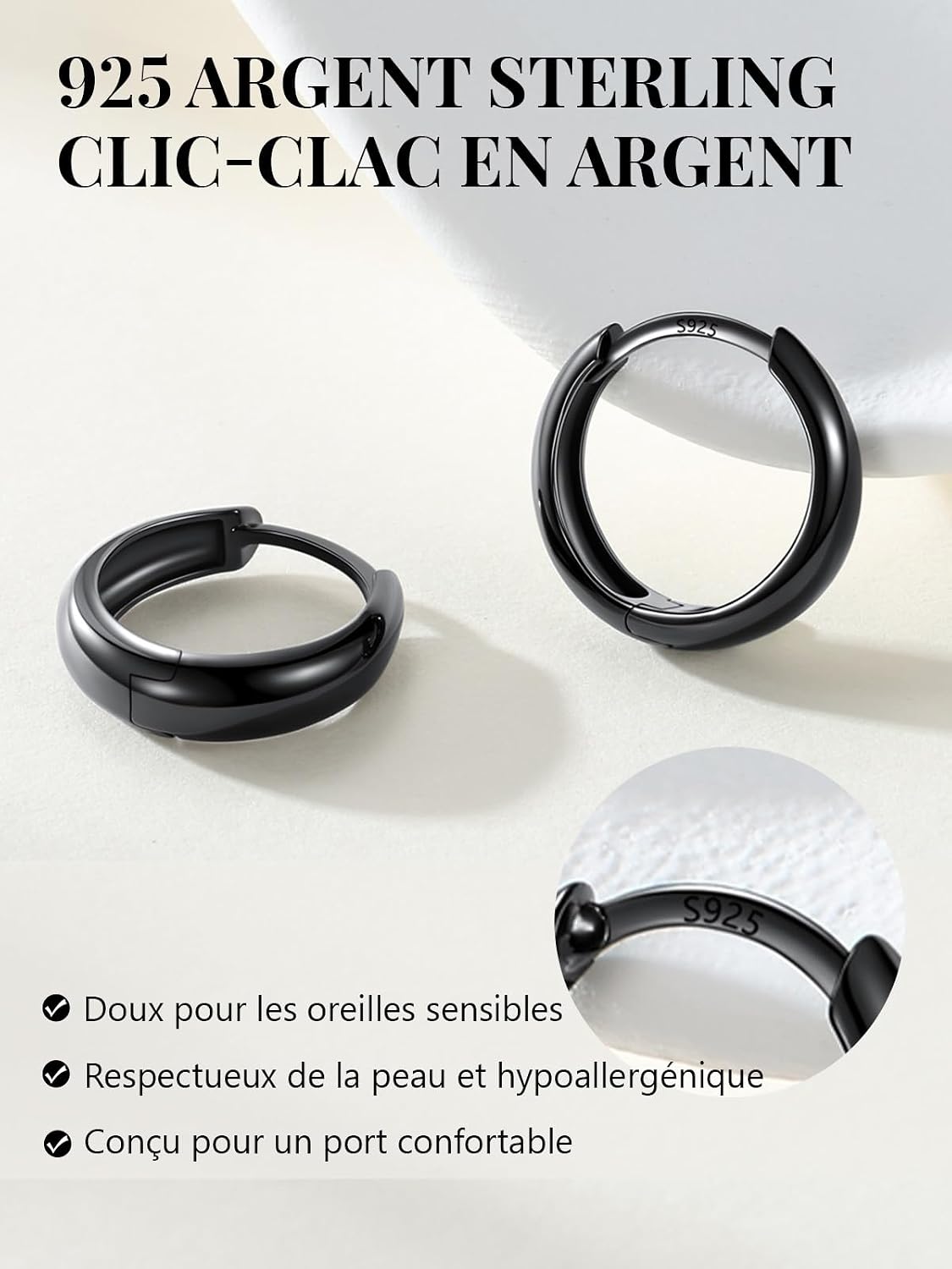 Thumbnail 6 de Silvora Petit Créoles Argent/Plaqué Or/Noir – Anneaux d’Oreille en Argent 925 et Cuivre, 8–14 mm