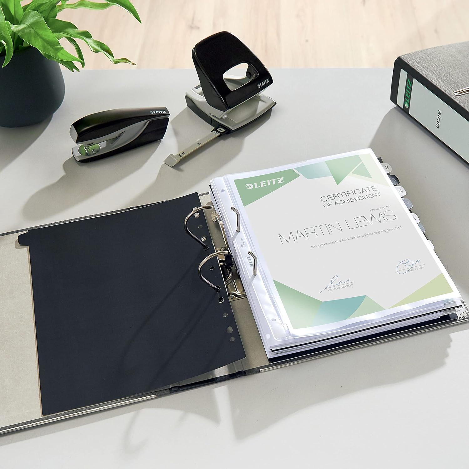 Detalle 2 de Leitz Qualitäts-Ordner, 3er-Pack, Wolkenmarmor-Papier, A4, 8 cm Rückenbreite, Schwarz – Modell 310305095