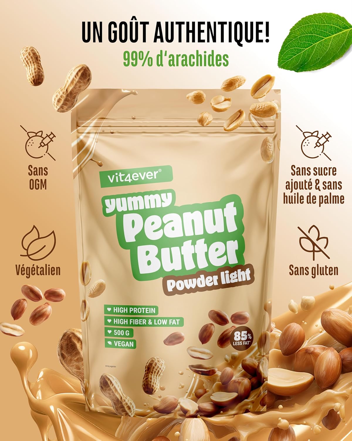 Detalle 2 de Beurre de cacahuètes light en poudre Vit4ever (85%) 500 g, sans sucre ajouté