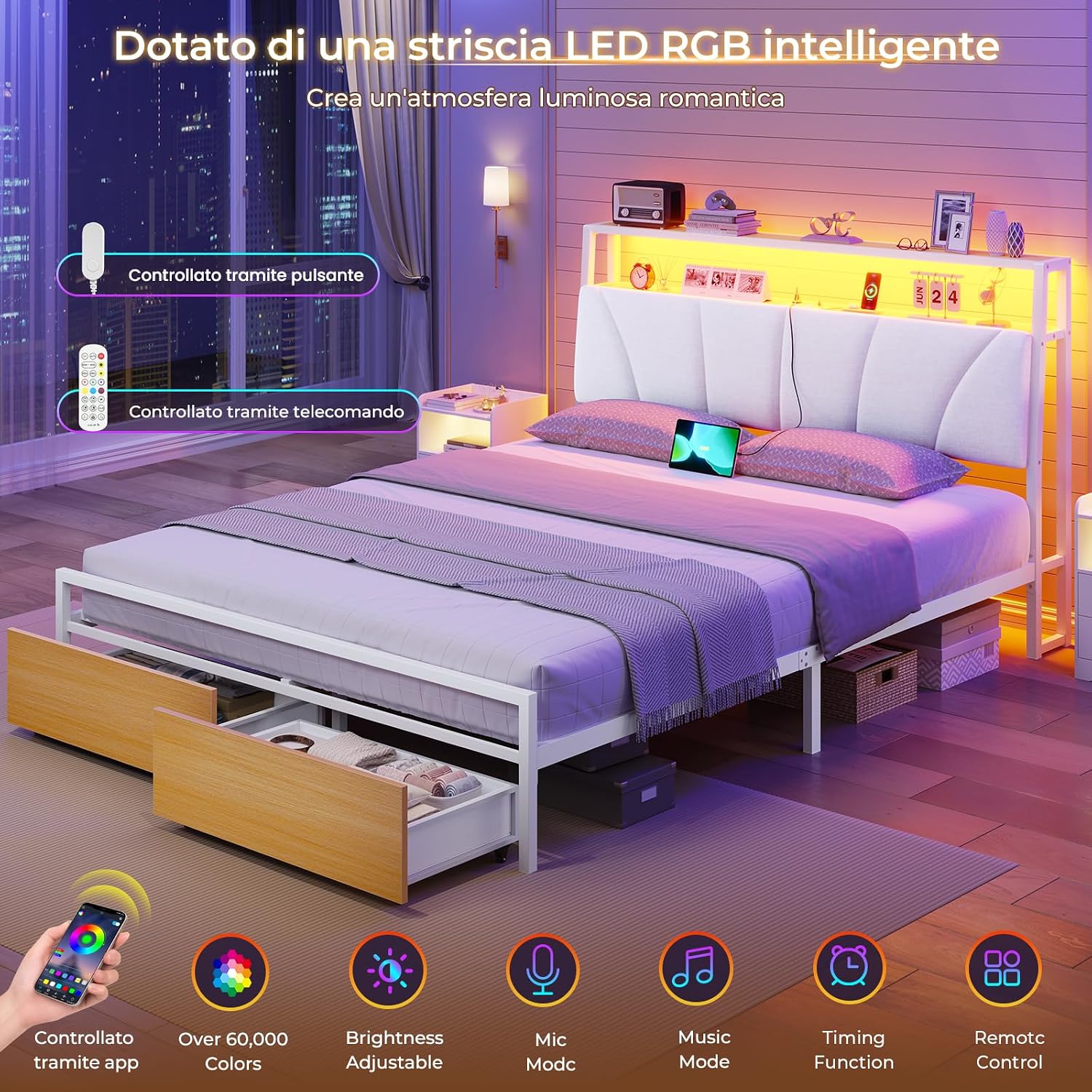 Thumbnail 6 de Brinlawb Struttura Letto 140x190 cm con Testiera Imbottita, LED e Ricarica – Bianco