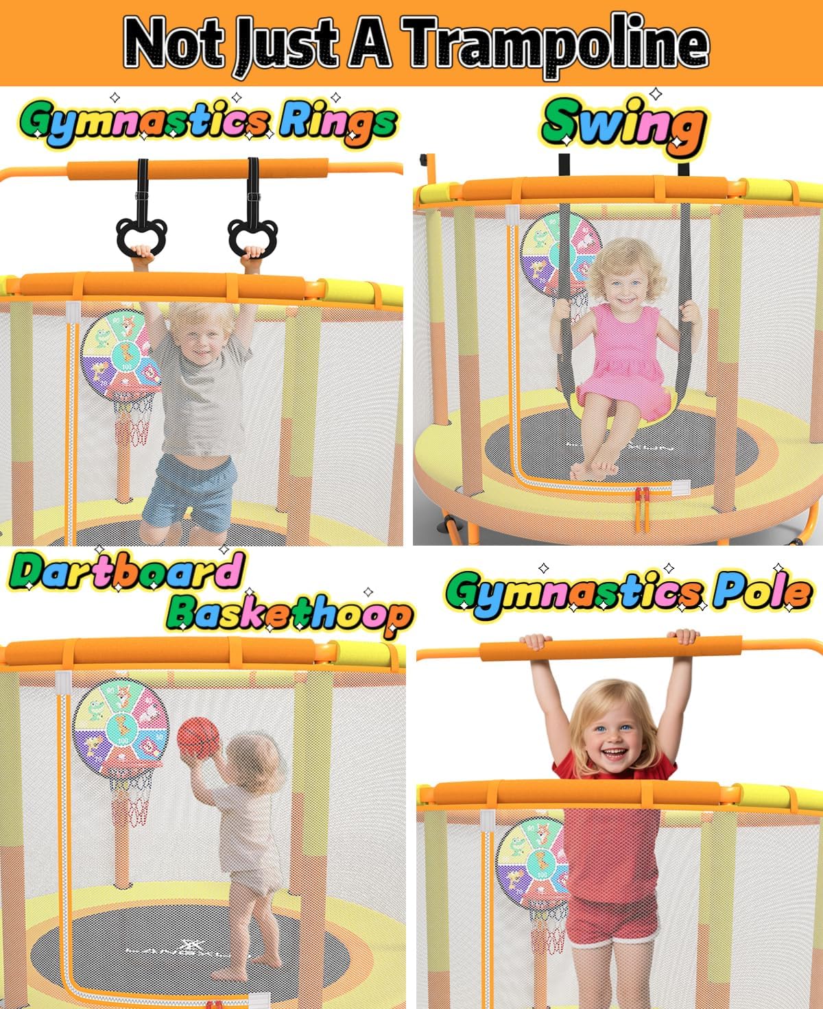 Thumbnail 3 de LANGXUN 60" 6-in-1 Trampoline for Kids — Indoor/Outdoor with Swing, Basketball Hoop, Dart Board & More