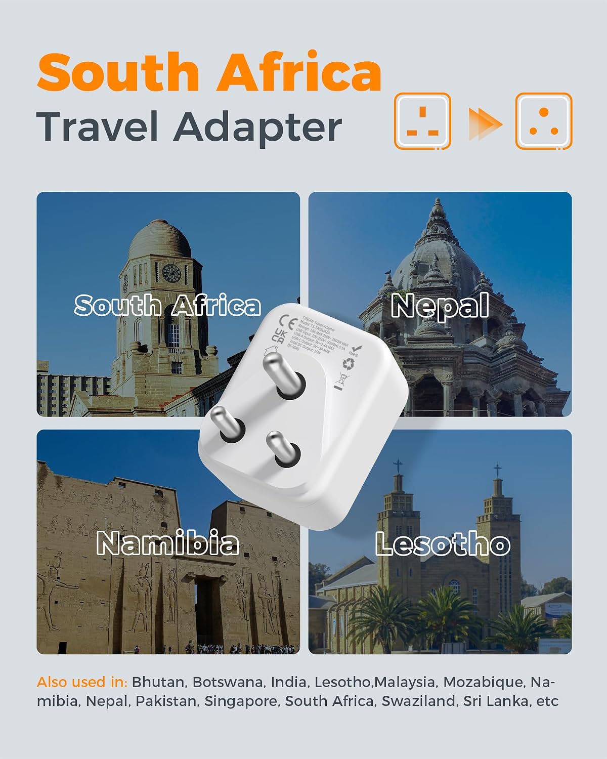 Detalle 2 de TESSAN South Africa 4‑in‑1 Travel Adapter 2 pack 🔌