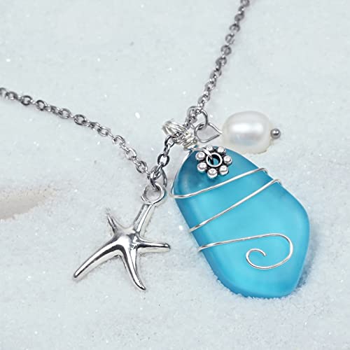 Thumbnail 2 de Teppdfann Sea Glass Necklace: Wire-Wrapped Beach Pendant with Starfish Charm & Freshwater Pearl