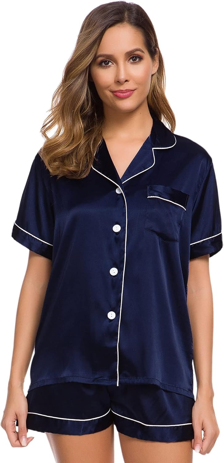 Detalle de SWOMOG women’s silk satin pyjama set (two-piece button-down shirt & elastic waist shorts/pants)