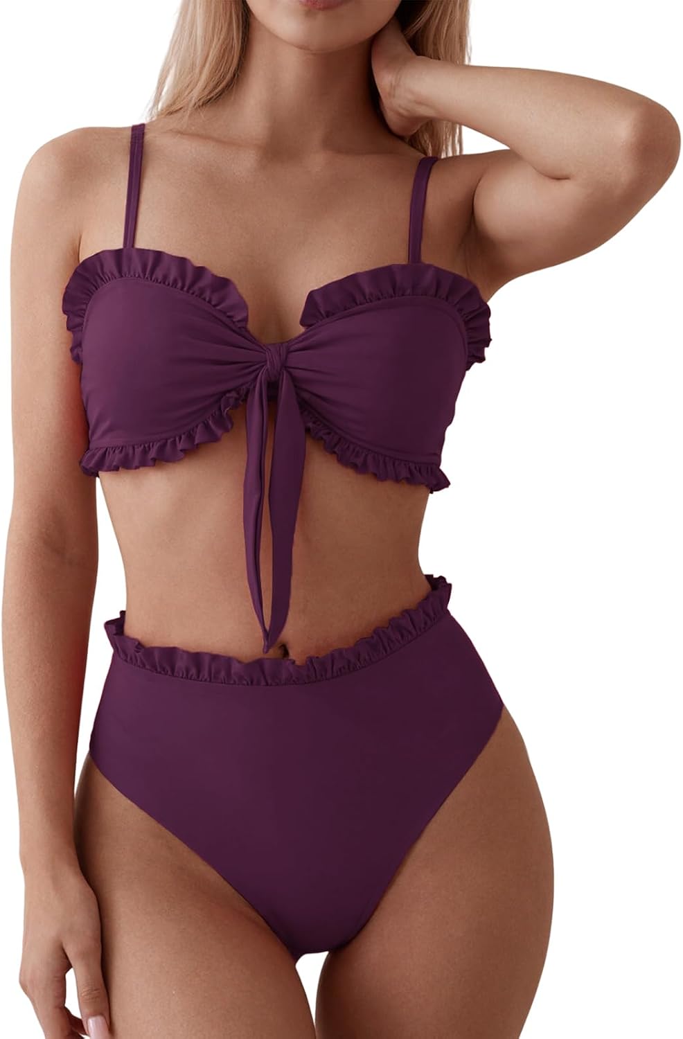 Detalle de OUSIMEN bikiniset för kvinnor med volangbandeau, hög midja och rosettdetalj
