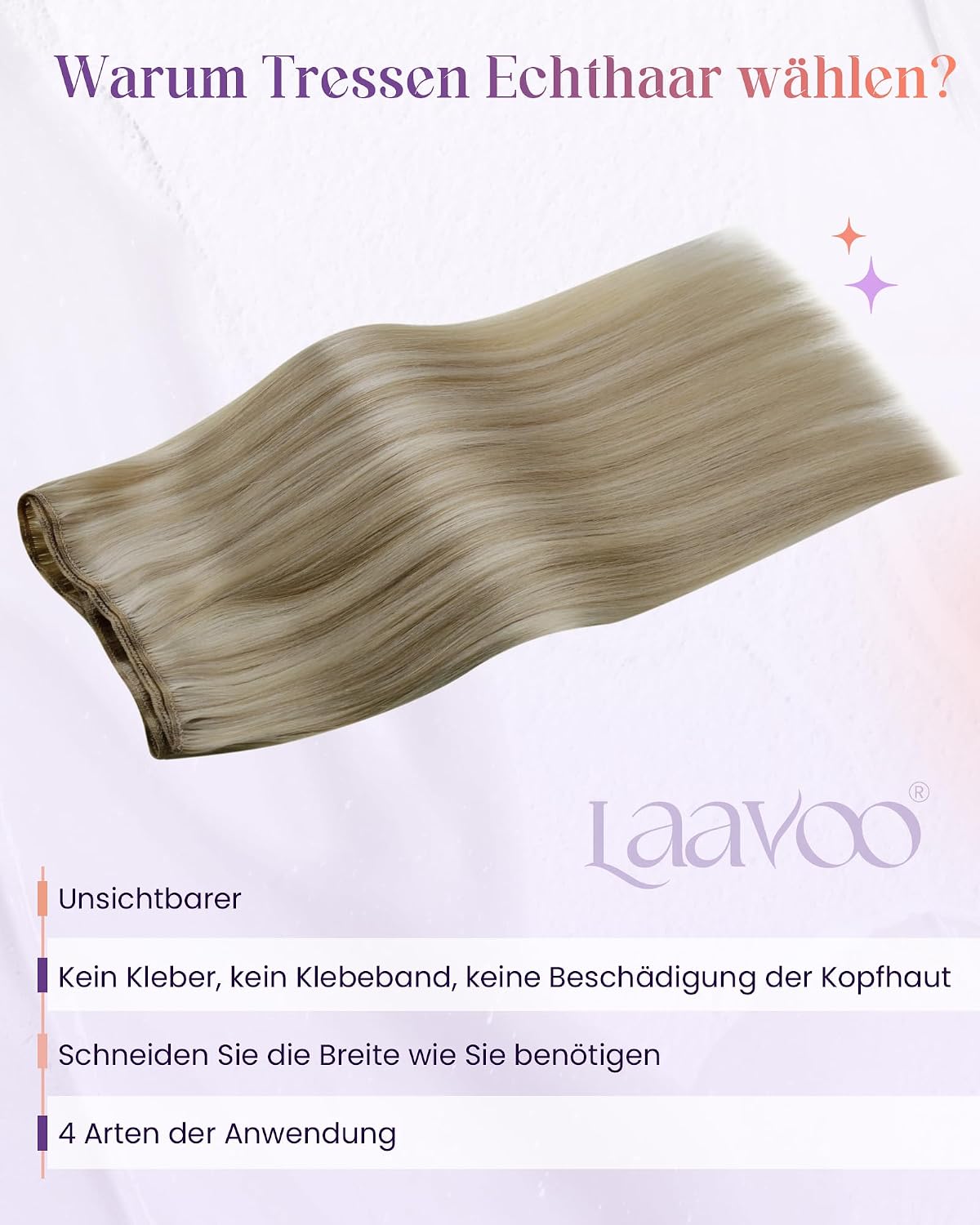 Detalle 2 de LaaVoo Echthaar Tressen zum Einnähen Blond – Goldblond Highlight, 50 cm, 100 g, Remy Haar