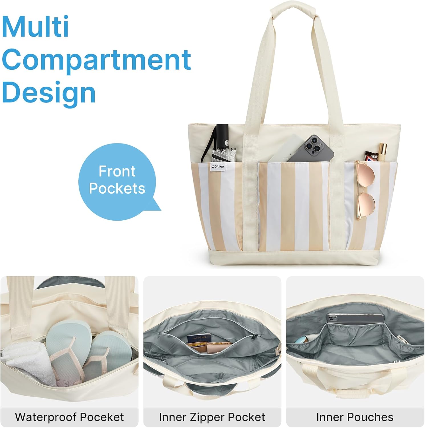 Detalle de G4Free 35L/50L Foldable Beach Bag with Zipper Pockets – Water-Resistant Tote for Travel, Pool and Weekender use