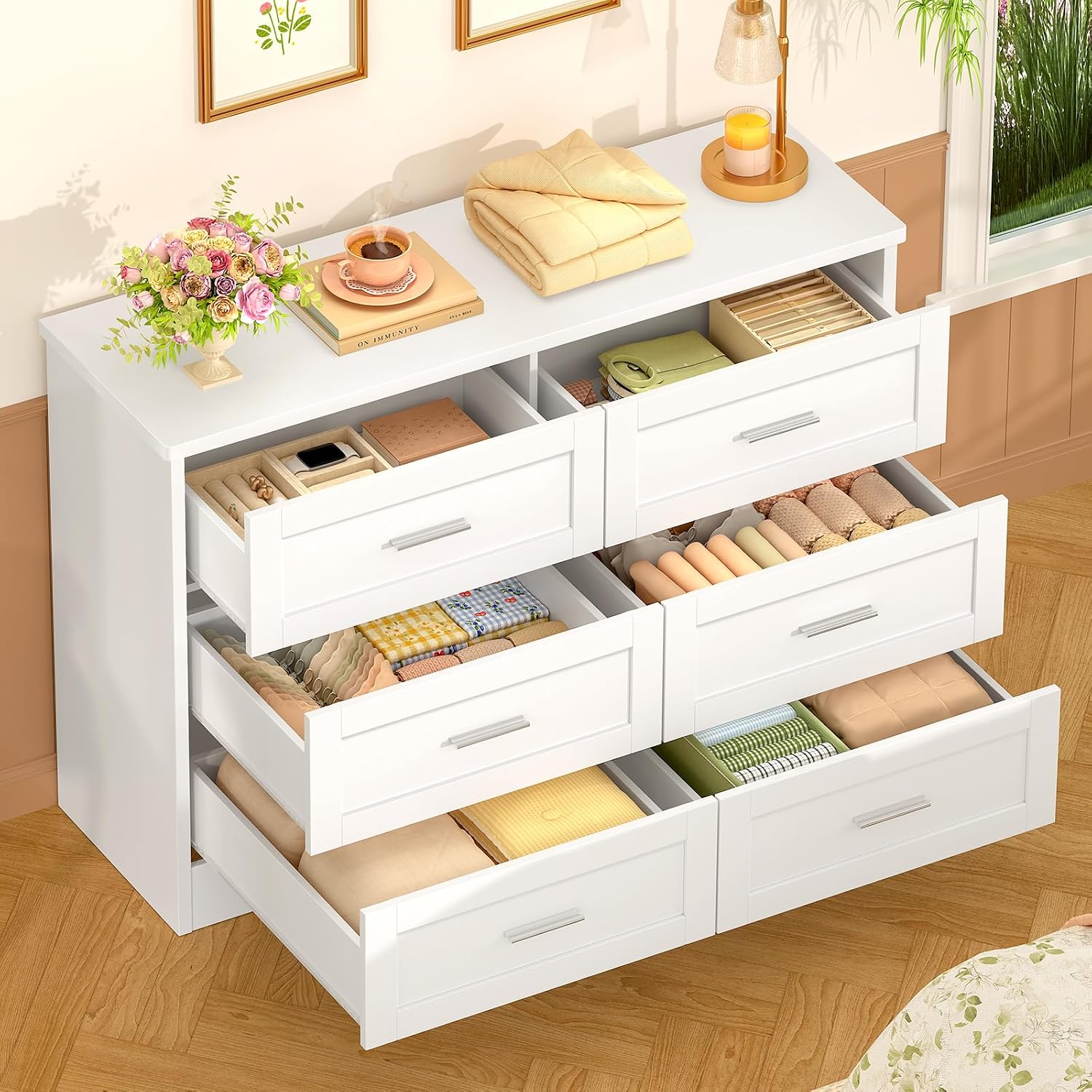 Detalle 2 de TEENFON DGX009W 6-Drawer Chest of Drawers, White, 107 x 35 x 75.5 cm