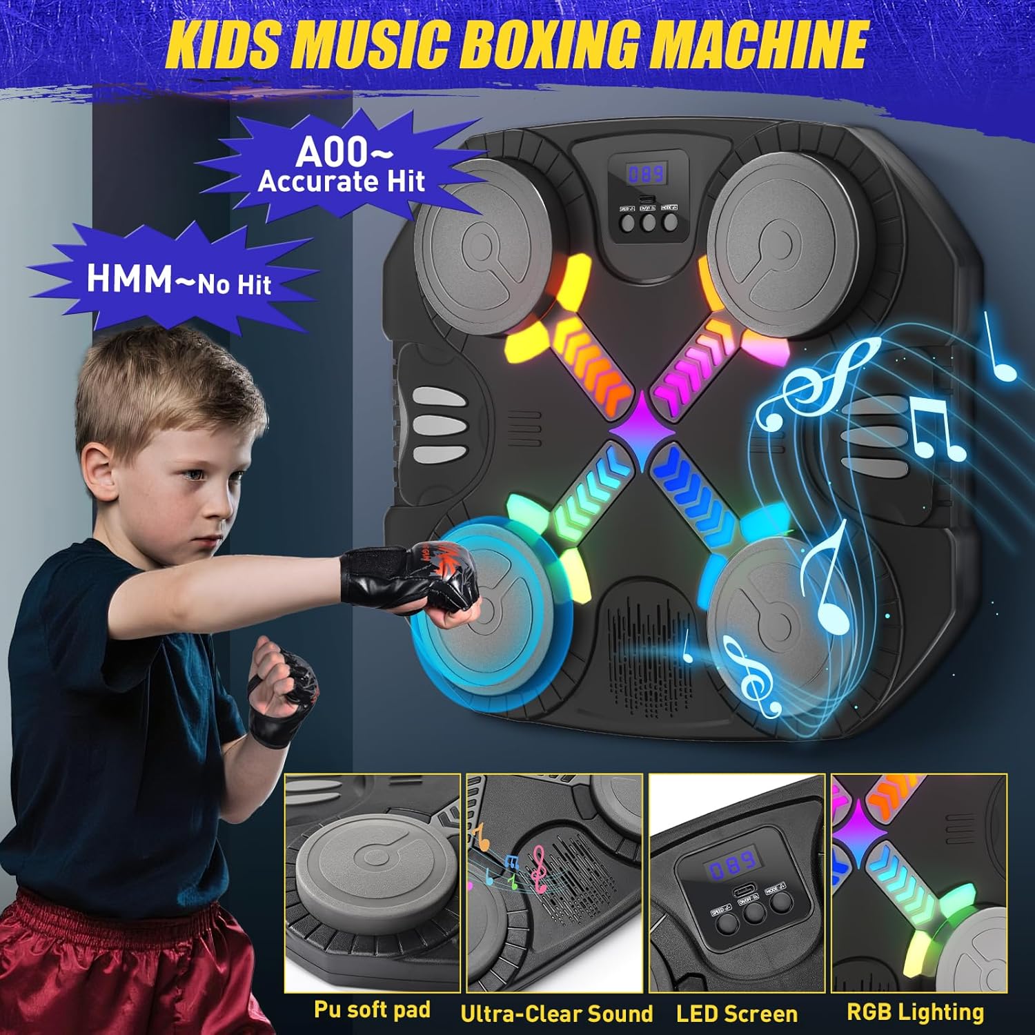 Detalle de Esnowlee Music Boxing Machine for Kids: Wall-Mounted Bluetooth Punch Pad with Gloves (3–12 years)
