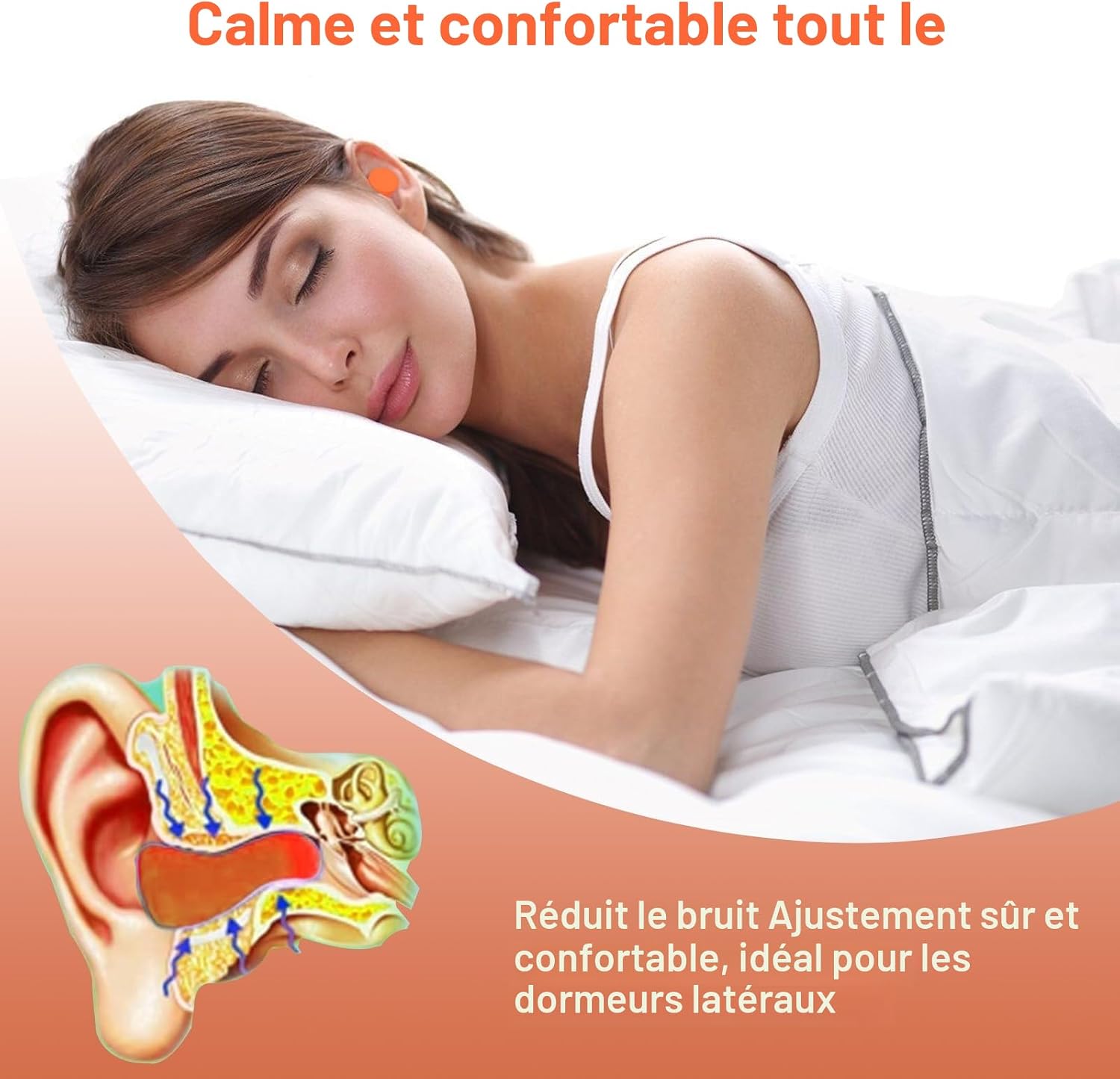 Detalle de SURFOU Bouchon D’oreille pour Dormir — 60 paires, isolation 38 dB, mousse à mémoire de forme, réutilisables (orange)