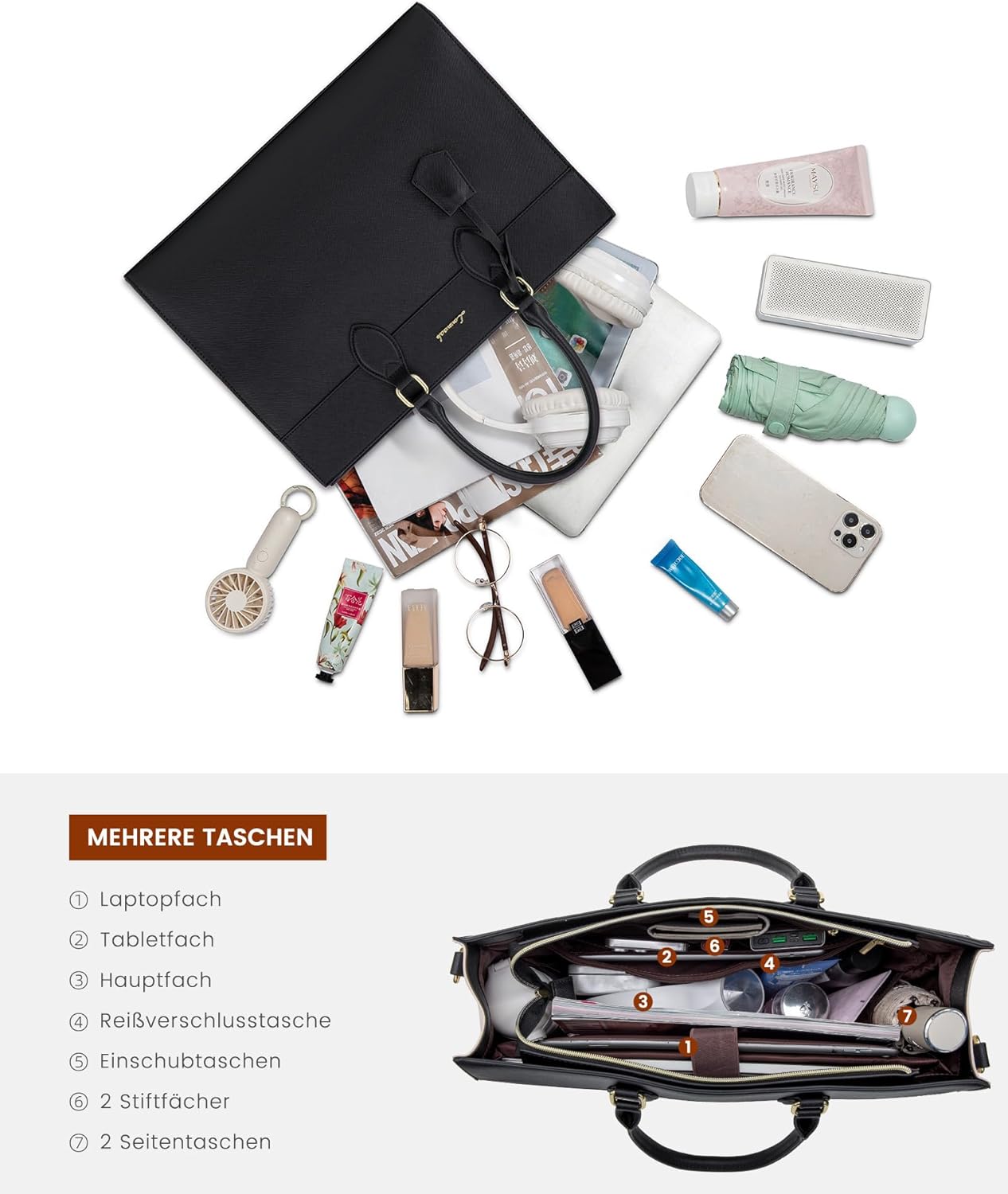 Thumbnail 3 de LOVEVOOK Laptoptasche Damen für 15,6 Zoll – große Arbeits-/Business-Umhängetasche mit Schutzfach, wasserdicht, Schwarz